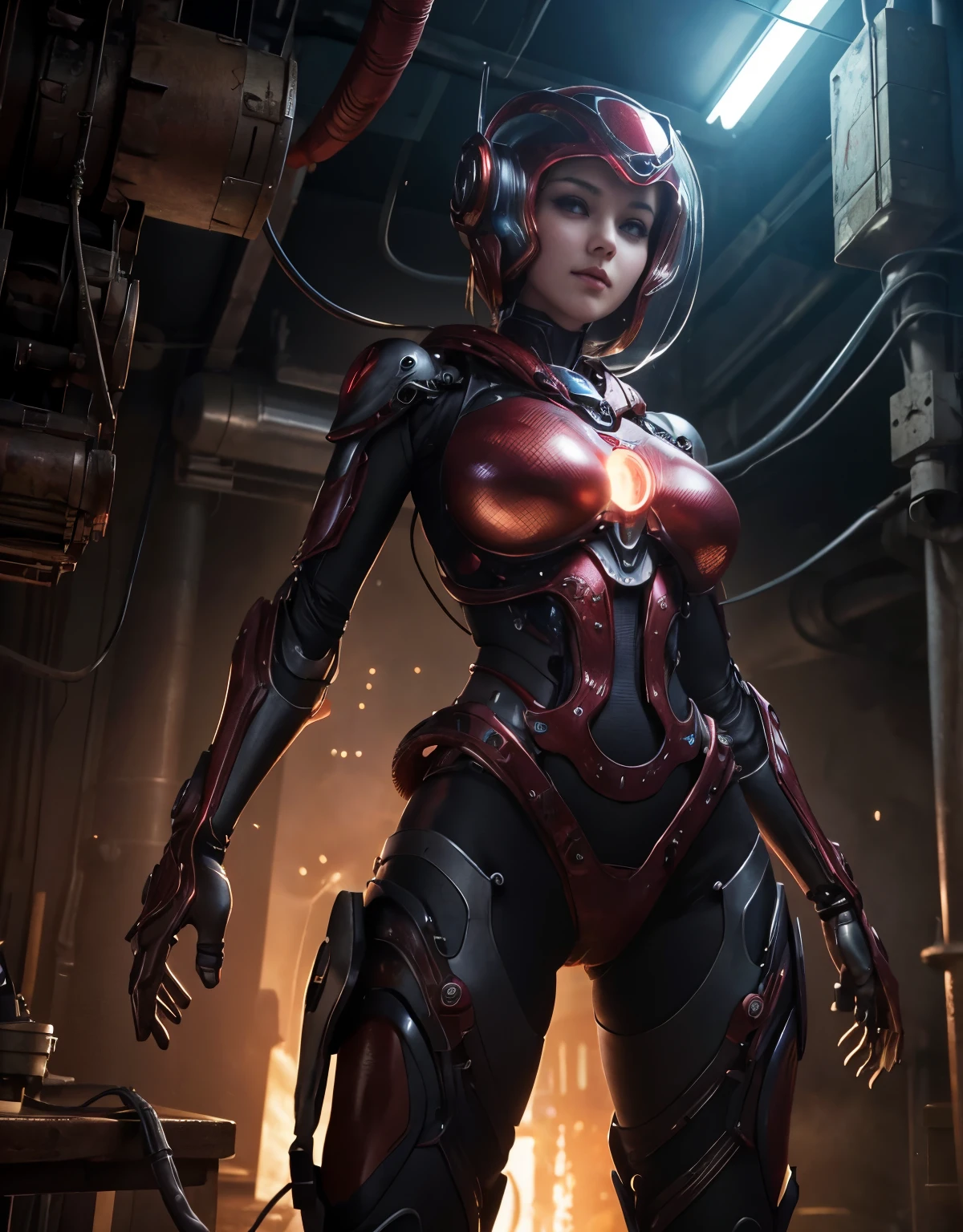 (Background of skimpy mechanical girl and octopus alien)、（Mystical expression）、highest quality、masterpiece、Super high resolution、(Photoreal:1.4)、RAW photo、1 girl、glowing skin、(((1 Mechanical Girl)))、Heavy chest、（red metalボディスーツ）、(Natural alien background to fight aliens)、(Small LED)、((Super realistic details))、vertical giant monster background),global illumination、Shadow、octane rendering、8K、super sharp、robotの背景、big breasts、Raw skin exposed in the cleavage、red metal、intricate decorative details、Japan details、very intricate details、realistic light、(Mystical expression),CG Society Trenlow Eyes、Eyes shining towards the camera、Mechanical marginal blood vessels connected to neon detail tubes)、(Wires and cables connecting to the head)、Small LED、,mechanical thighs、two stock、（Hands are also made of machines）、robot、future alien、Please wear a mechanical helmet、transparent face guard on helmet、