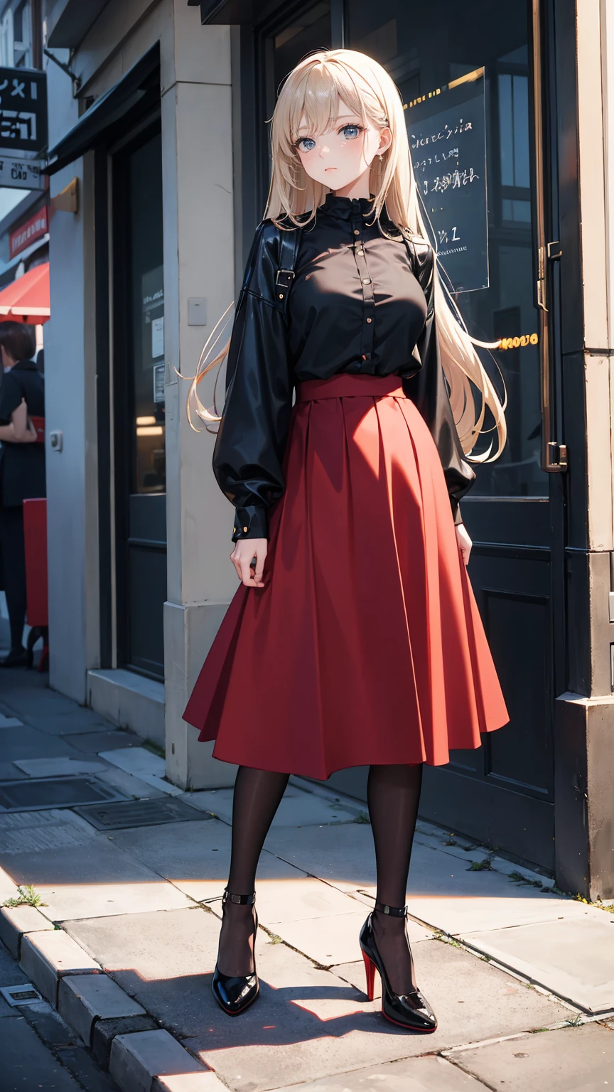 ((masterpiece, high resolution, best quality, best details, anime)), a woman standing on the street, dressed in a long skirt, leather jacket, red blouse and pumps high heels, (((long loose black skirt))), leather jacket black, pumps platform high heels, ((pantyhose)), long straight hair, light brown hair, silver eyes, street landscape, (((ankle length skirt))), fabric skirt, fabric blouse, ((full skirt without openings)),