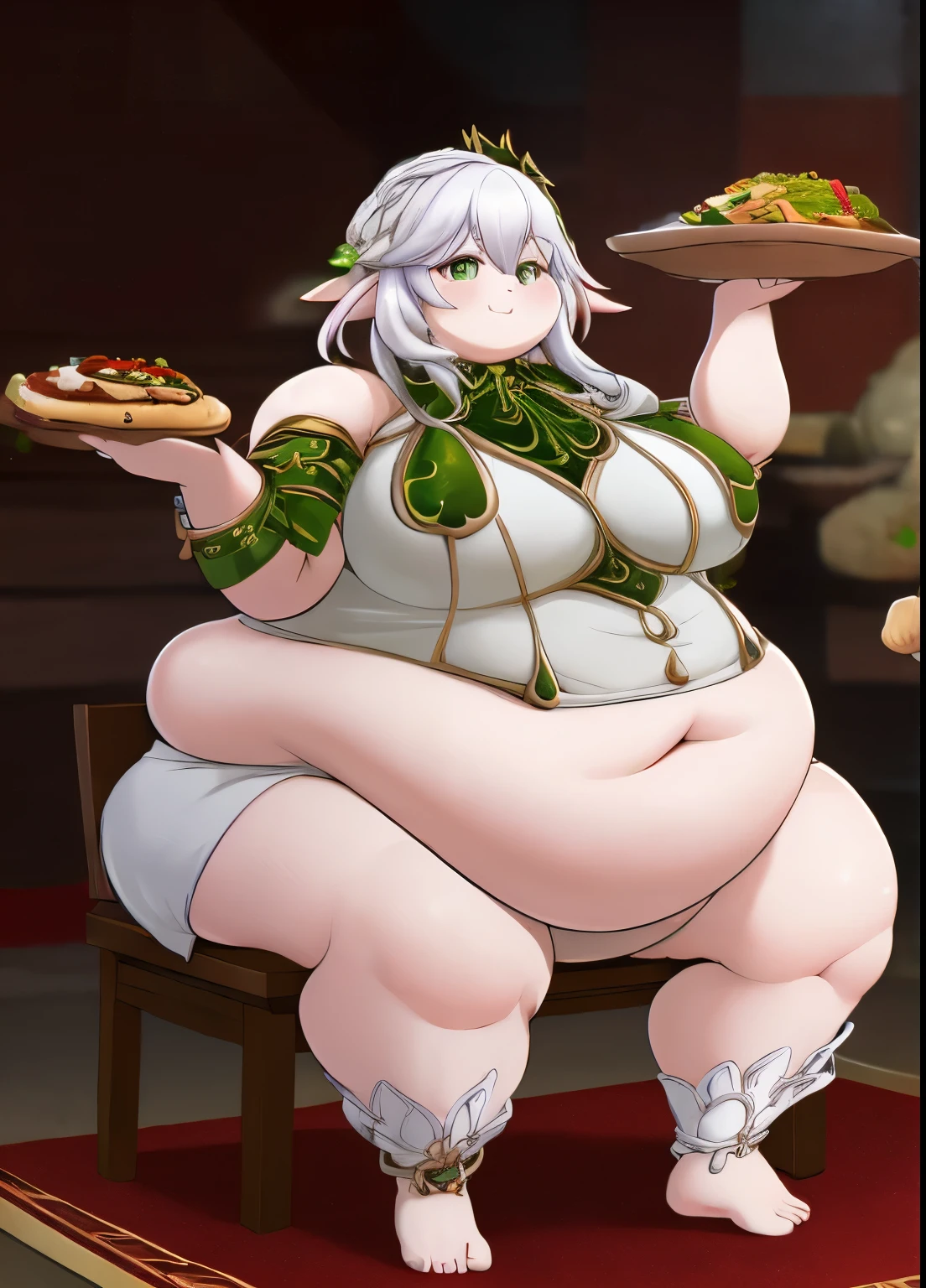 （masterpiece, highest quality, super detailed） Detailed hands, Detailed Face, detailed feet, Detailed Eyes, young girl,  thick thighs,Girl with thick fat chunky physique、Completely color-coded beauty、countryside, Medieval, inn, indoors,meal .4、modest, table, Chair, Red Carpet、Dinner Plate,smile、see food