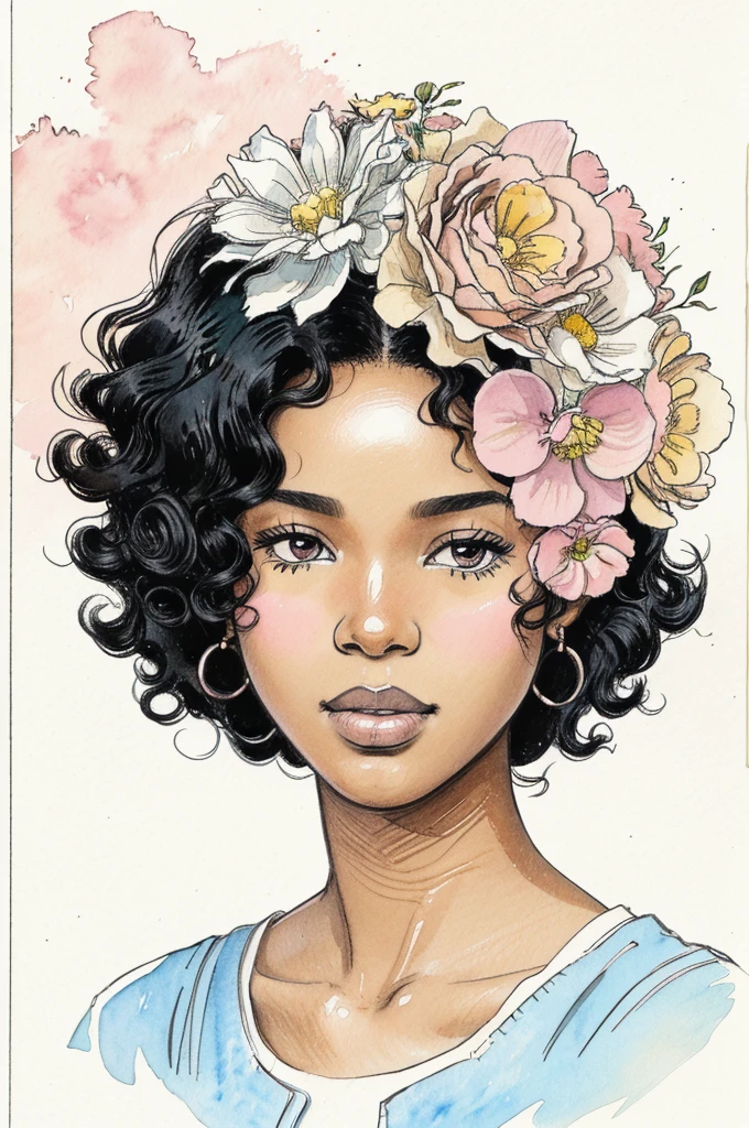 black woman, straight afro black hair, with flowers, in watercolor for women's day, delicate drawing, with soft pastel colors, blue, pink, beige. White background.