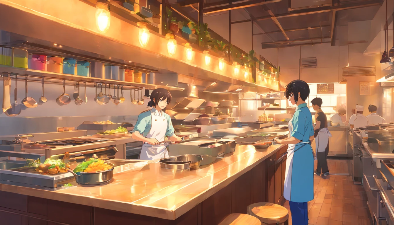 In restaurant kitchen, Many chefs are busy cooking, modern kitchen elements，anime style, A realistic depiction of everyday life, Fauvist animator, photorealism techniques, Lively tavern scene, Sky blue and amber, labor description ,16k, best quality, masterpiece, Super details, high detail
