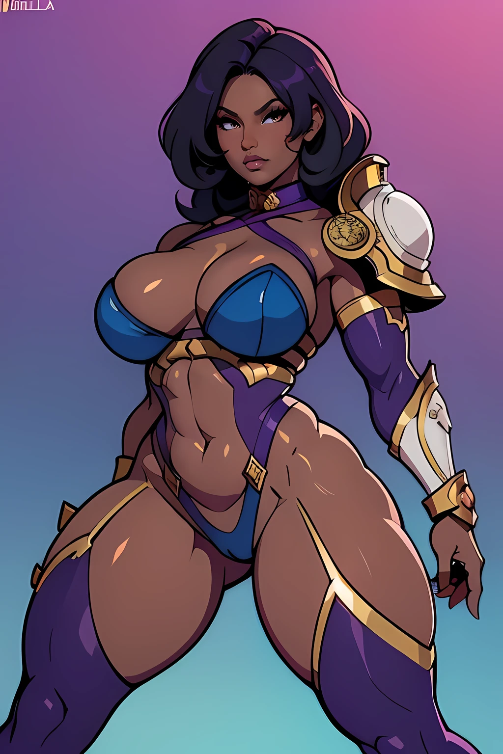 Nicki Minaj cosplaying as (Ivy from Soul Calibur), ((dark skin)), curly hair, looking at viewer, busty figure, (thick thighs) (medium breasts) well-defined legs, (chubby physique), frontal, full-length, looking at the camera, facing the audience, dynamic pose, background, three-dimensional light, sleek digital concept art, beautiful concept art, art trend, CGsociety full-length,