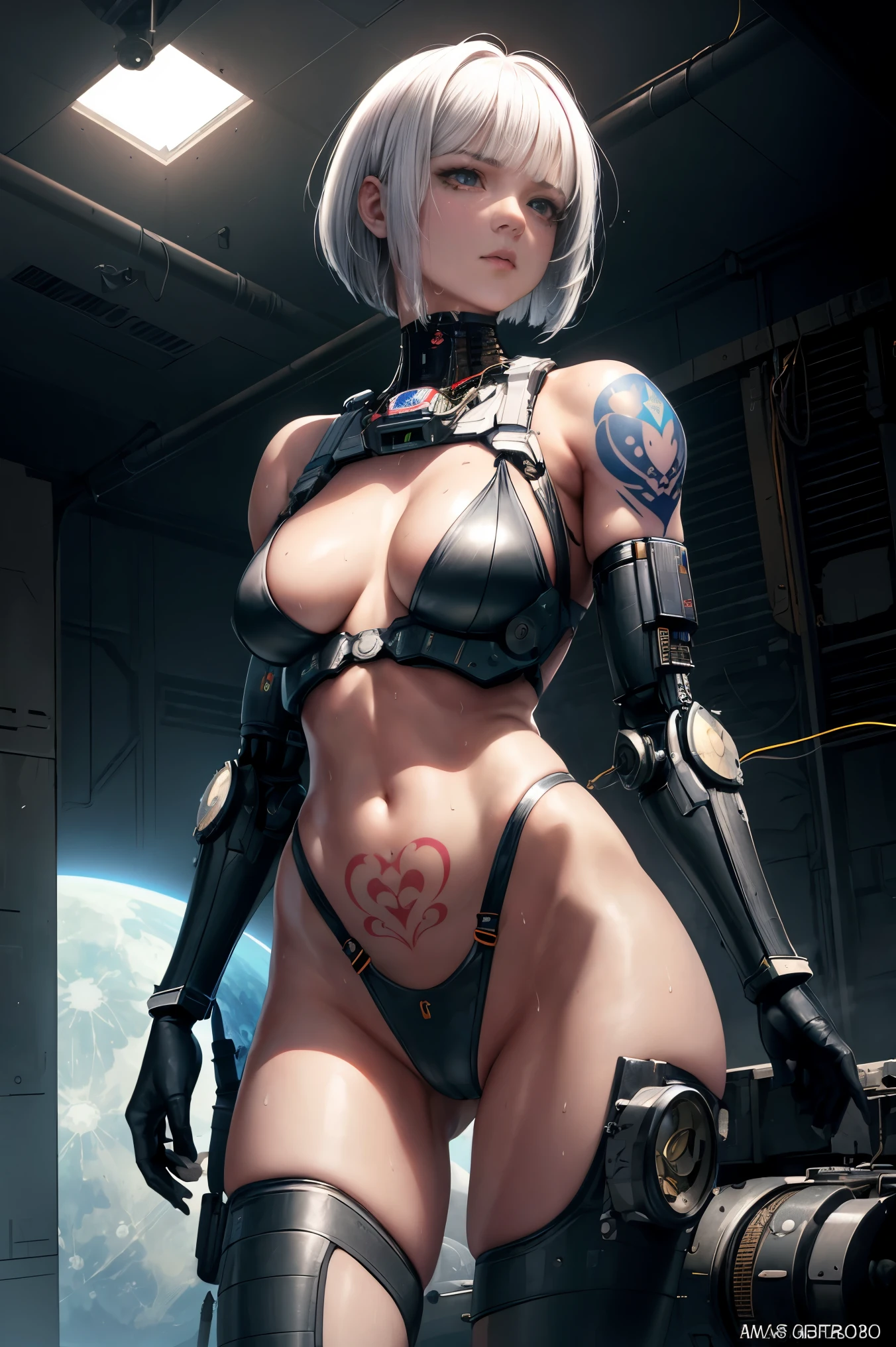 masterpiece, best quality, ultra-detailed, high contrast, realistic,(1woman),beautiful detailed eyes, looking at viewer, slutty pose, small breasts, muscle arms, muscle thighs, sweaty skin, shiny skin, black tattoo, tattoo, chest tattoo, arm tattoo, rib tattoo, breast tattoo, cleavage tattoo, neck tattoo, shoulder tattoo, thigh tattoo, leg tattoo, hip tattoo, huge tattoo. White hair, bob cut Hair, messy hair(Drenched in sweat) astronaut, landing on moon, straps, oxygen tank, oxygen tube, reflection, earth reflection, moon dust, industrial straps, nasa, harness, lunar background, zero gravity, high tech, sci-fi gloves, sci-fi helmet, sci-fi exo suit, hightech goggles, complicated chest plate, shoulder plates, wiring, complex wiring, exposed wiring, wire bundles, cyborg spine, mechanical armor