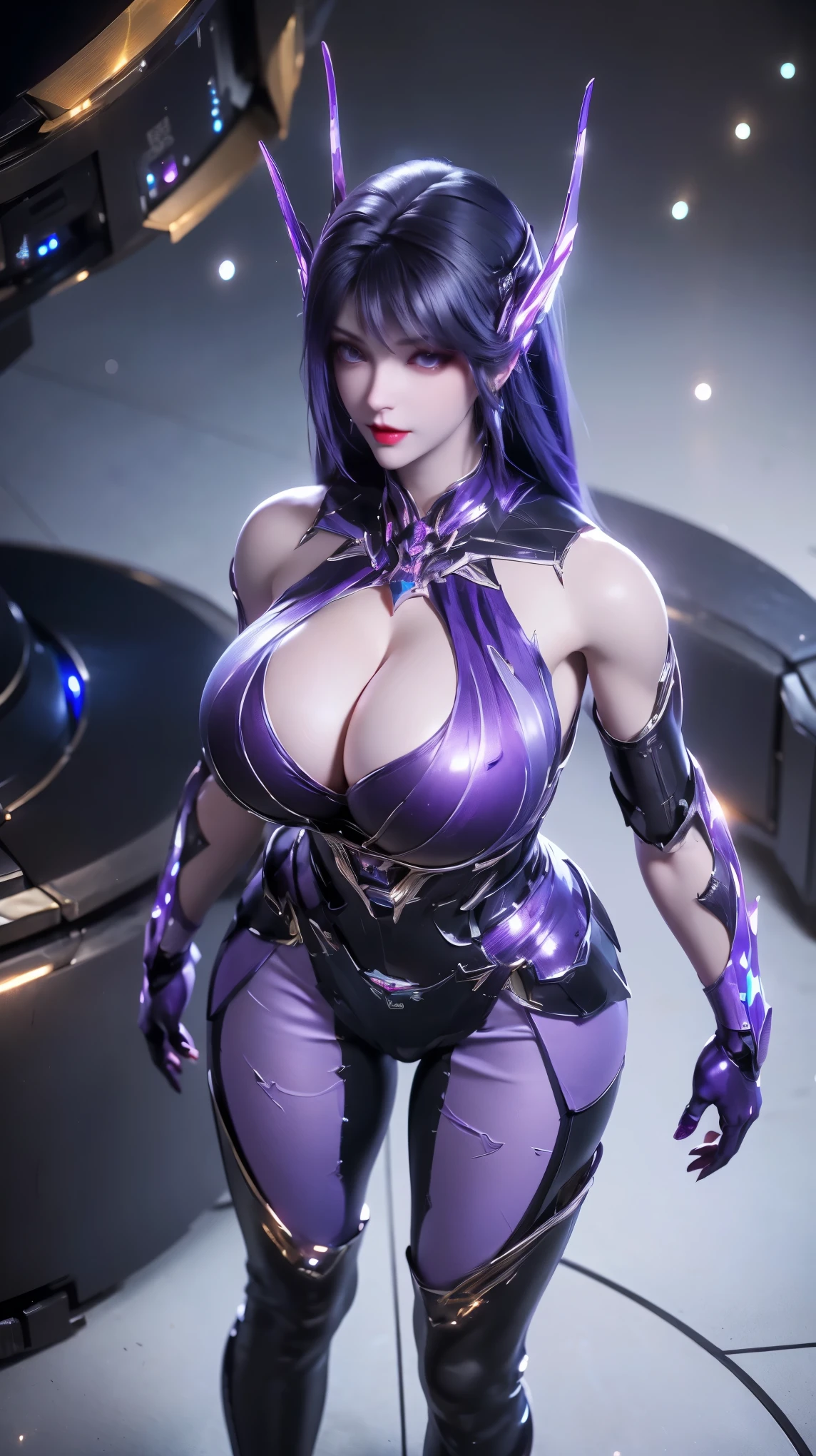 AI GIRL,SOLO,UPPER BODY CLOSE UP, ((BEAUTY BLACK HAIR)), (GIGANTIC FAKE BREAST:1.5), ((CLEAVAGE:1.5)), (MUSCLE ABS:1.3), (LED PURPLE WHITE SHINY FUTURISTIC MECHA CYBER CROP TOP, BLACK MECHA SKINTIGHT LEGGINGS:1.5), (BUSTY PERFECT BODY MATURE WOMAN, SWEATY BUSTY BODY:1.2), (LOOKING AT VIEWER:1.3), (female focus:0.8), (HALLROOM OF FUTURISTIC SPACE STATION:1), (BRIGHT LIGHT WHITE_ROOM:1.3), HYPER TEXTURE, (4X MSAA), ((UNREAL ENGINE 5 RENDER)), PHYSICALLY-BASED RENDERING, ULTRA HIGHT DEFINITION, 16K, 1080P.