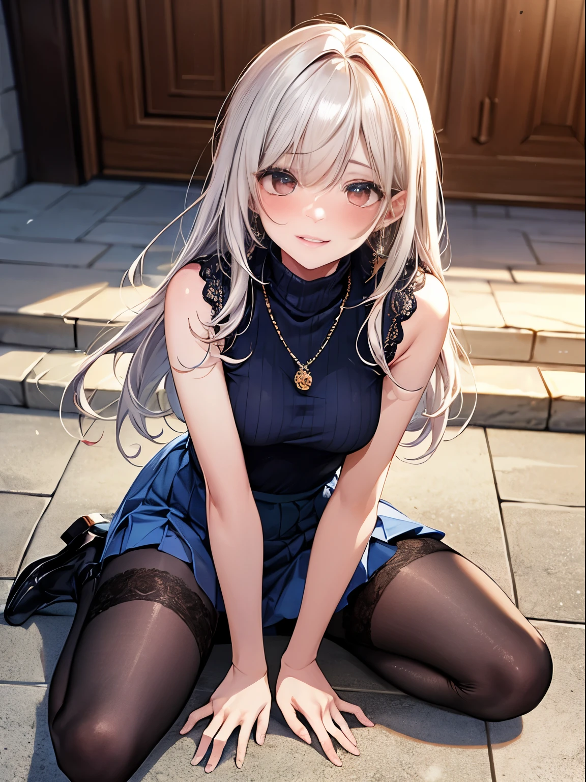 photorealisim、top-quality、超A high resolution、a picture、Extraordinary beautiful girl、Highlights of cheek luster、Detailed cute and beautiful face、(pureerosface_v1:0.008)、Beautiful bangs、Glowing white shiny skin、Bangs between the eyes、shiny and beautiful hair、Silky hair、finer hair、High-definition eyes、Beautiful, Bright and clear, Small eyes、eye liner、Double eyelids、Full body like、red blush、embarrassed from、shiny little necklace and earrings, shiny lips: 1.4, (Shy laughter)、Kamimei、red blush、Tears are embarrassing、(red knit turtleneck), ((Blue lace panties)) ((plated blue skirt))、((Open knees))、((open one's legs))、((Disheveled clothes))、((Dressing))、Puffy nipple、Neat and clean female 20-year-old female teacher white hair, bangs flowing diagonally, Medium Wave Long Hair, (red eyes), medium breast size, (sit on stairs), (black stocking).