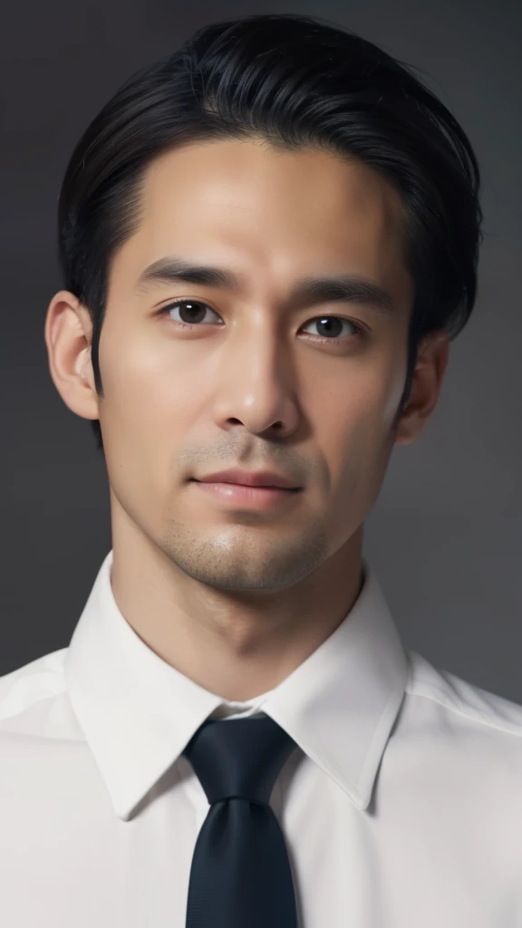 (Highly detailed CG Unity 8K wallpaper,table top, highest quality, super detailed), gray background, 35-year-old male living in Japan, 35 year old male city hall employee, Sporty hairstyle, black haired, narrow facial contours, thin eyebrows, clear eyes, high and thin nose, thin lips, Physical slim, Shirt and tie, strong impression, My abs are cracked, Completely naked