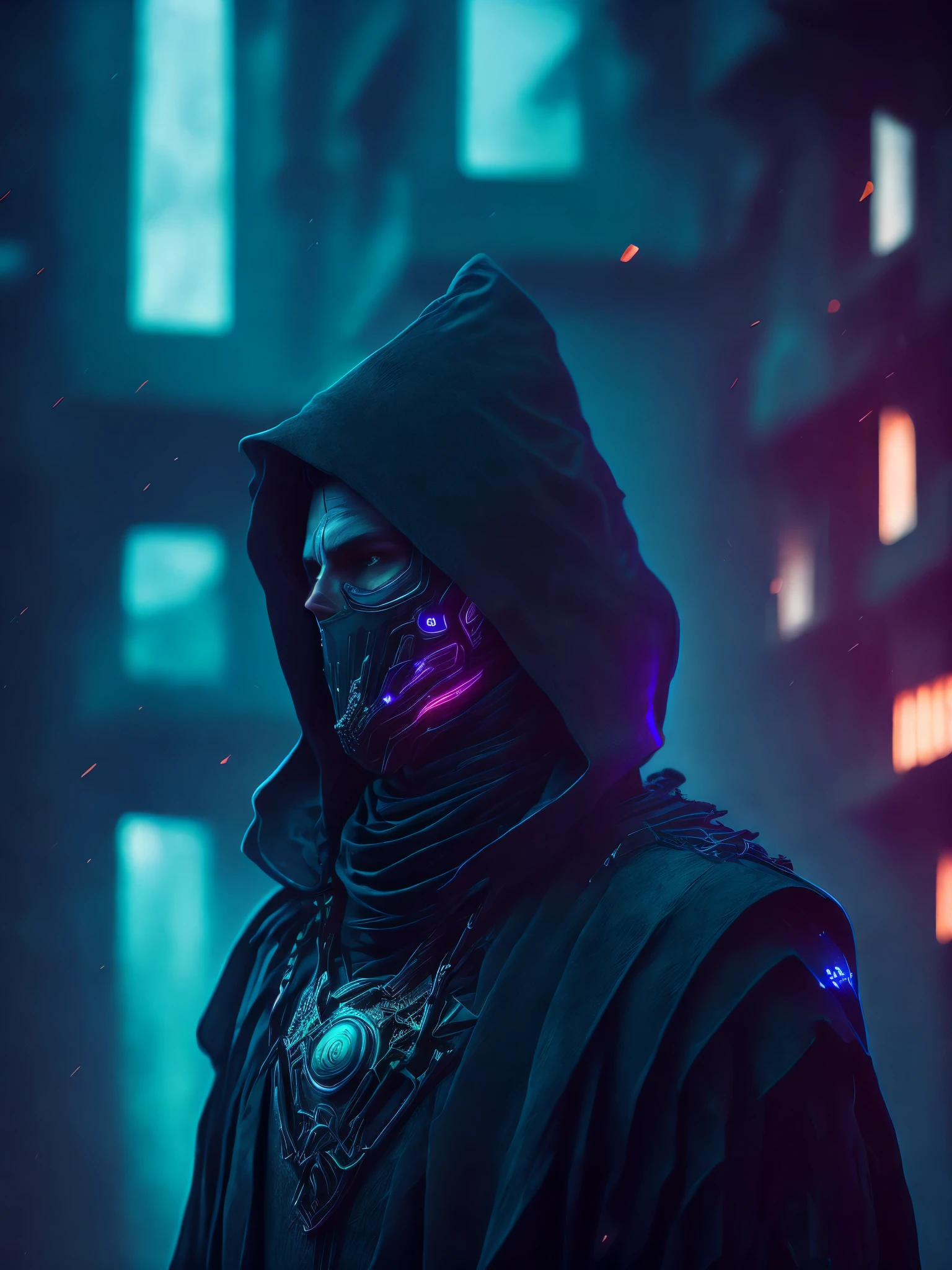 gloomy portrait of Soulreaper from Marvel with intricate angular cybernetic implants inside a brutalist building, gothic abounded hospital, cyberpunk, award-winning photo, bokeh, smokey neon lights, cybernetic limb