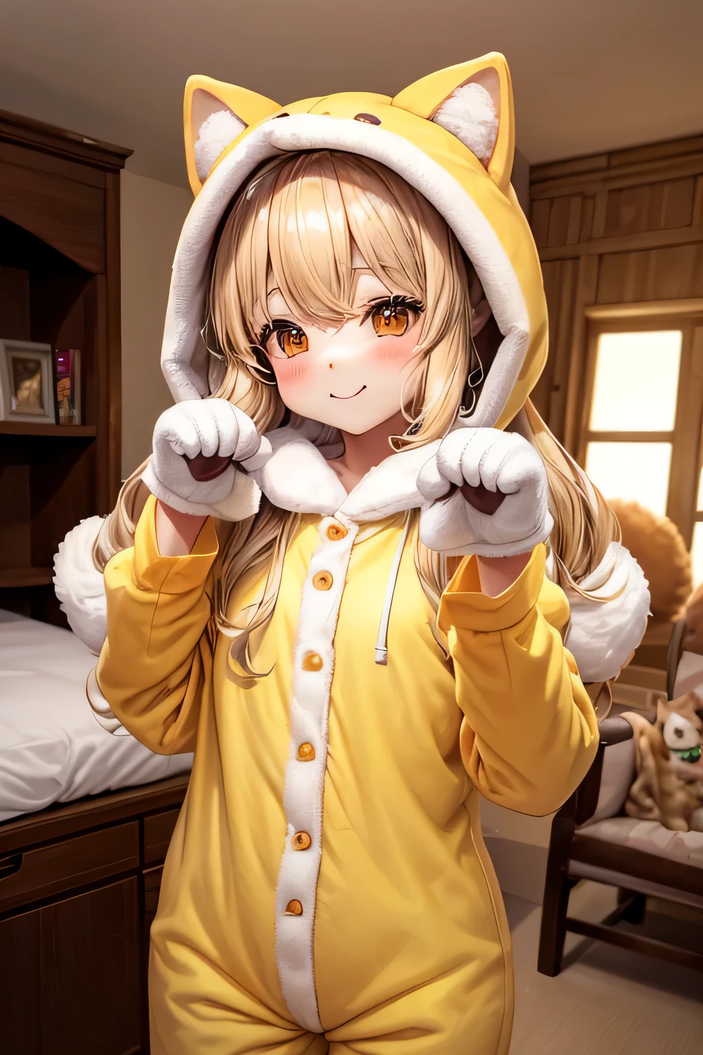 ((worst quality, low quality)), ((Close-up)), (10 year old girl), blonde, (Fluffy Shiba Inu Kigurumi Pajamas:1.4), (Open pajamas:1.2), (Pale yellow pajamas:1.4), Animal Hoodie, (hood up:1.under the hoodie, Inu ears, oversized hoodie, (dog paw gloves:1.3), five fingers, ((POW Pose:1.5)),chocolate, (chocolateまみれ:1.3), Scenery of a room decorated for a party, best quality,Super detailed, masterpiece,