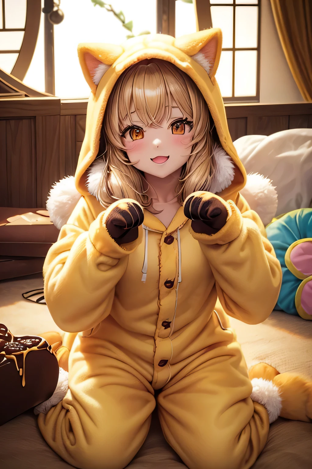 ((worst quality, low quality)), ((Close-up)), (10 year old girl), blonde, (Fluffy Shiba Inu Kigurumi Pajamas:1.4), (Open pajamas:1.2), (Pale yellow pajamas:1.4), Animal Hoodie, (hood up:1.under the hoodie, Inu ears, oversized hoodie, (dog paw gloves:1.3), five fingers, ((POW Pose:1.5)),chocolate, (chocolateまみれ:1.3), Scenery of a room decorated for a party, best quality,Super detailed, masterpiece,