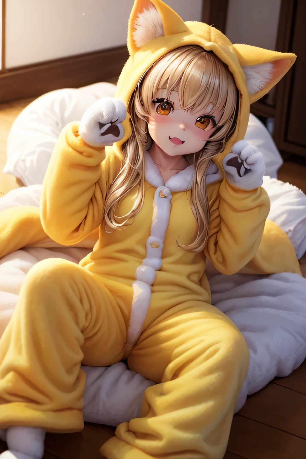 ((worst quality, low quality)), ((Close-up)), ( girl), blonde, (Fluffy Shiba Inu Kigurumi Pajamas:1.4), (Open pajamas:1.2), (Pale yellow pajamas:1.4), Animal Hoodie, (hood up:1.under the hoodie, Inu ears, oversized hoodie, (dog paw gloves:1.3), five fingers, ((POW Pose:1.5)),chocolate, (chocolateまみれ:1.3), Scenery of a room decorated for a party, best quality,Super detailed, masterpiece,