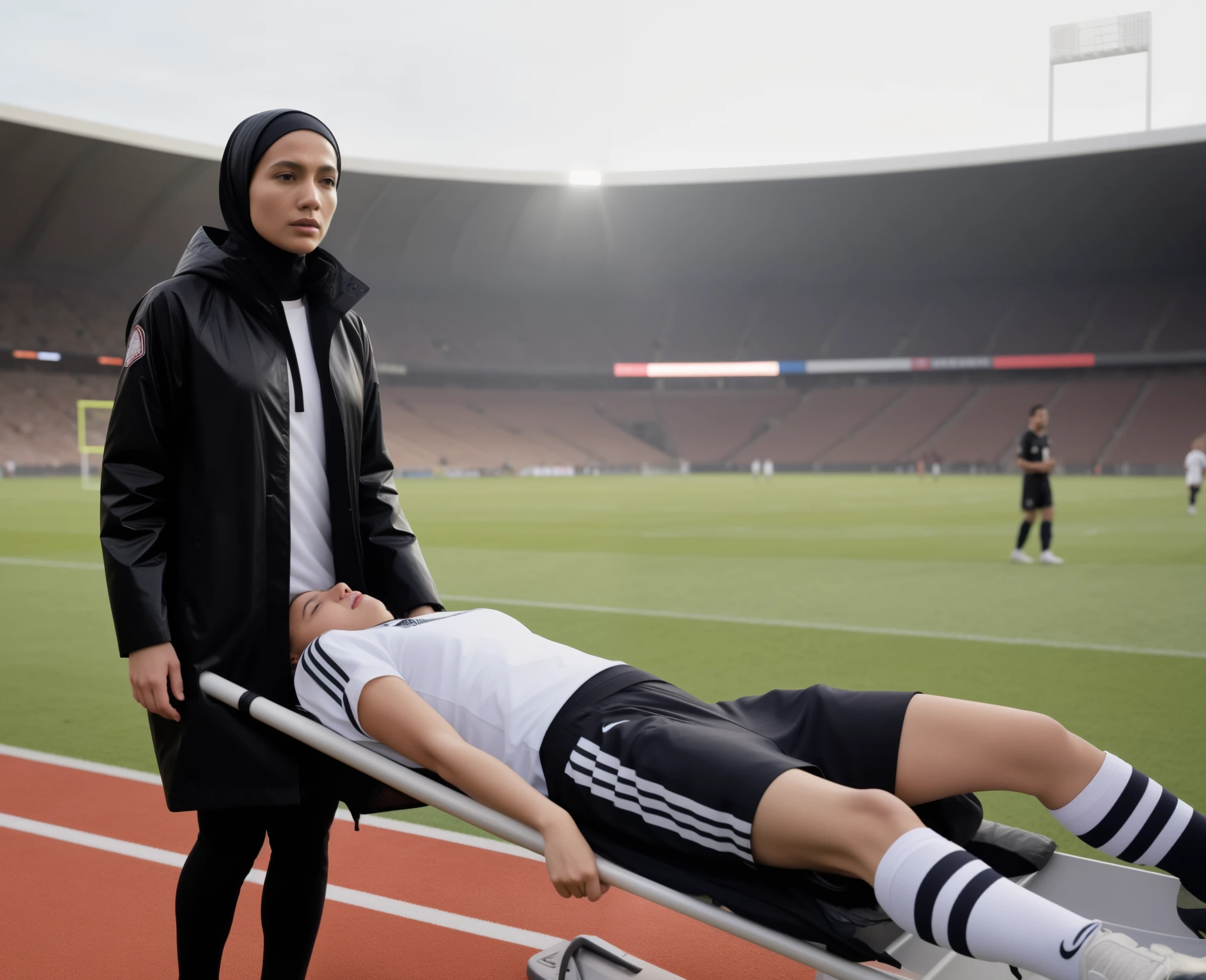 bangladeshi girl in glossy black downcoat, a woman in a shiny and quilted PVC-coat, a man on a stretcher, a woman standing in laquered Moncler downcoat made from very shiny patent fabric, lacquered and very shiny Moncler down coat, Woman in hijab wearing a man on a soccer field, Realistische Szene, realistische Aufnahme, Ein hyperrealistisches, Detaillierte Szene, a very smooth and very shiny and very glossy padded Moncler down coat, His hands cover his face, The man held his hands in front of his face, Both hands are in front of his face, Bald man on a stretcher, die von einer Frau getragen wird, A football scene in a stadium in Italy , Gargling woman in shiny black plastic coat in front of us with angry face and extremely horrified and desperate expression on her face from right to left across the football field, Frau, who wears a stretcher in a horizontal orientation, on which lies an injured footballer in dull and dusty blue sportswear, The footballer lies sideways on the stretcher, the legs slightly bent and the upper body turned towards us, and has both arms bent and his hands in front of his face, The footballer's head on the stretcher lies close to the women's deep black plastic coat and is covered by the footballer's arms and hands, The footballer in the Cotton Sportswear mat has his hands clasped in front of his face in pain, eine Aura des Schmerzes und der Traurigkeit ausstrahlend, The beautiful woman in the shiny black plastic coat carries the injured soccer player on the stretcher, which she carries across the soccer field in front of our eyes, In the background you can see the occupied stands of a football stadium, A football match in Italy, Sportverletzung, Transport auf der Trage, Jennifer Lopez, high res photo, Ultra-realistisches Foto, Fotorealistische Aufnahme, Super high-resolution and sharp photo, Shiny black plastic burqa, Bester Schuss, Beeindruckendes Gewinnerfoto, realistische Aufnahme, Perfekter Schuss, verletzt, Intensiver Moment, 📷