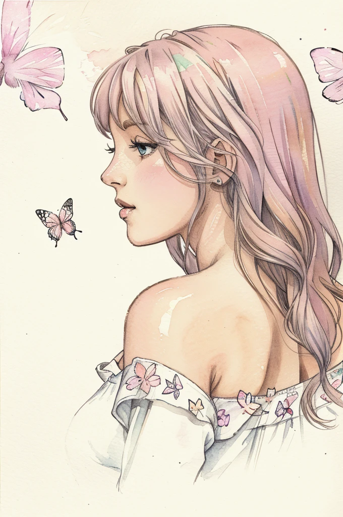 Wallpaper butterflies in watercolor, delicate drawing, with soft pastel colors.