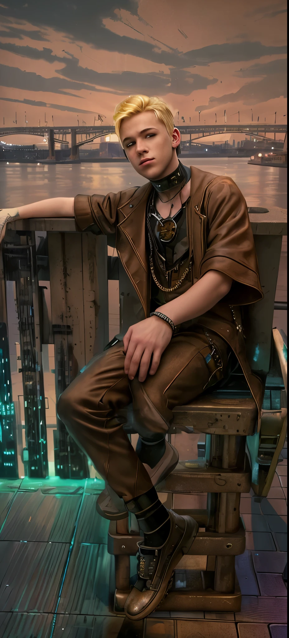 boy, blonde hair, sitting on the embankment. steampunk style, cyberpunk. Against the background of the river, bridge, Ships, neonlight, beautiful colorful lighting