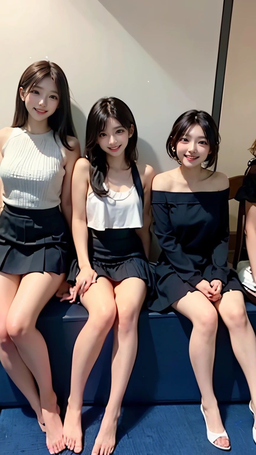 hot pants、Seductive smile、Supermodel、Perfect build、Muchimuchi、Three girls are looking at the viewer、 3 girls、、beautiful feet、smile、black sister、short ruffle skirt、