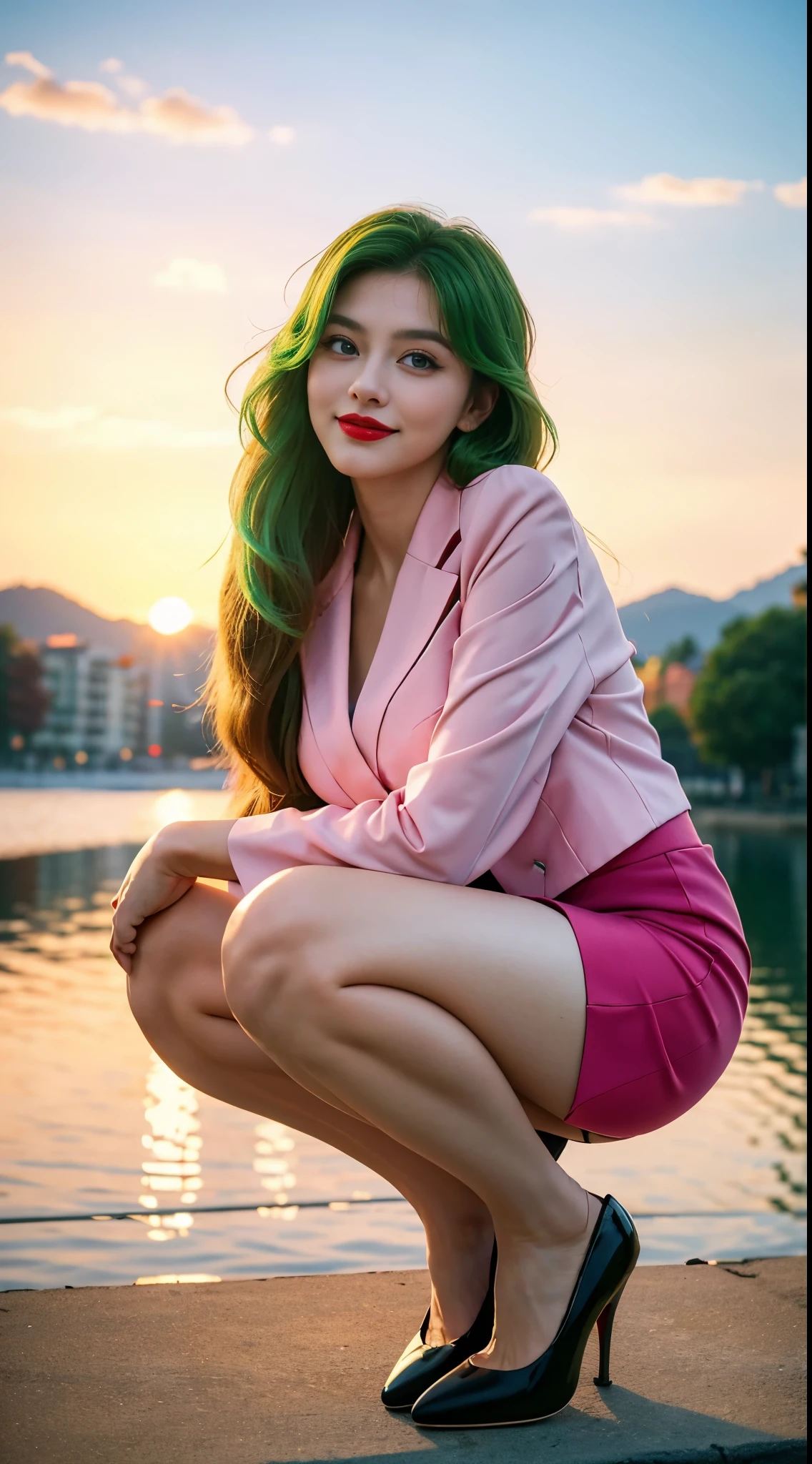 real，Camera to take pictures，masterpiece，best quality，best quality，realistically，perfect anatomy，perfect face，perfect eyes，long eyelashes，big eyes，，red lips，lipstick，business suit，1 girl，solo，（green long hair），shift dress，Blue eyes，Headband，pink skirt，black，Squat down，High heel，红色Headband，Exterior, Smile，lakeside，Sunset🌇