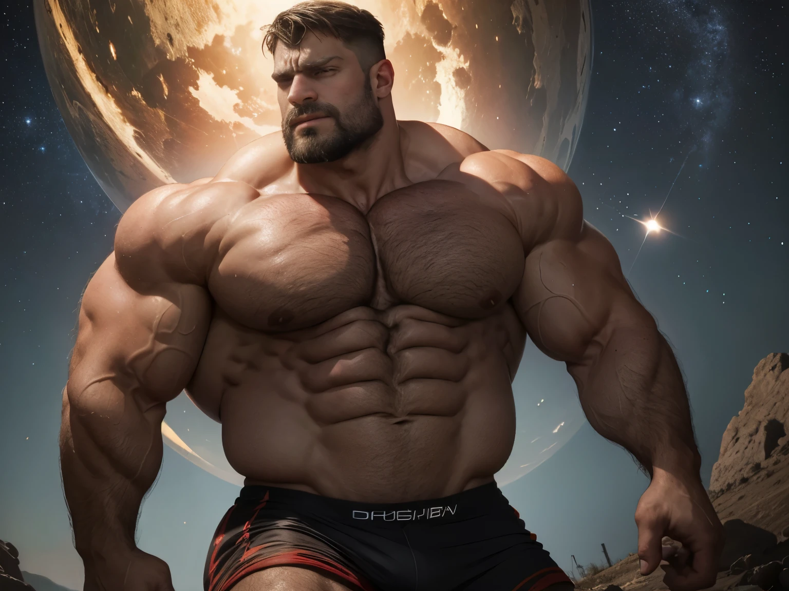 (best quality,4k,8k,highres,masterpiece:1.2),ultra-detailed,(realistic,photorealistic,photo-realistic:1.37),giant muscle man, colossal, size growth, muscle growth, bigger than the universe, in space, crushing planets with his muscles, intense gaze, muscular build, rugged appearance, bearded, chest hair, space atmosphere, astronomical background, vibrant colors, dramatic lighting