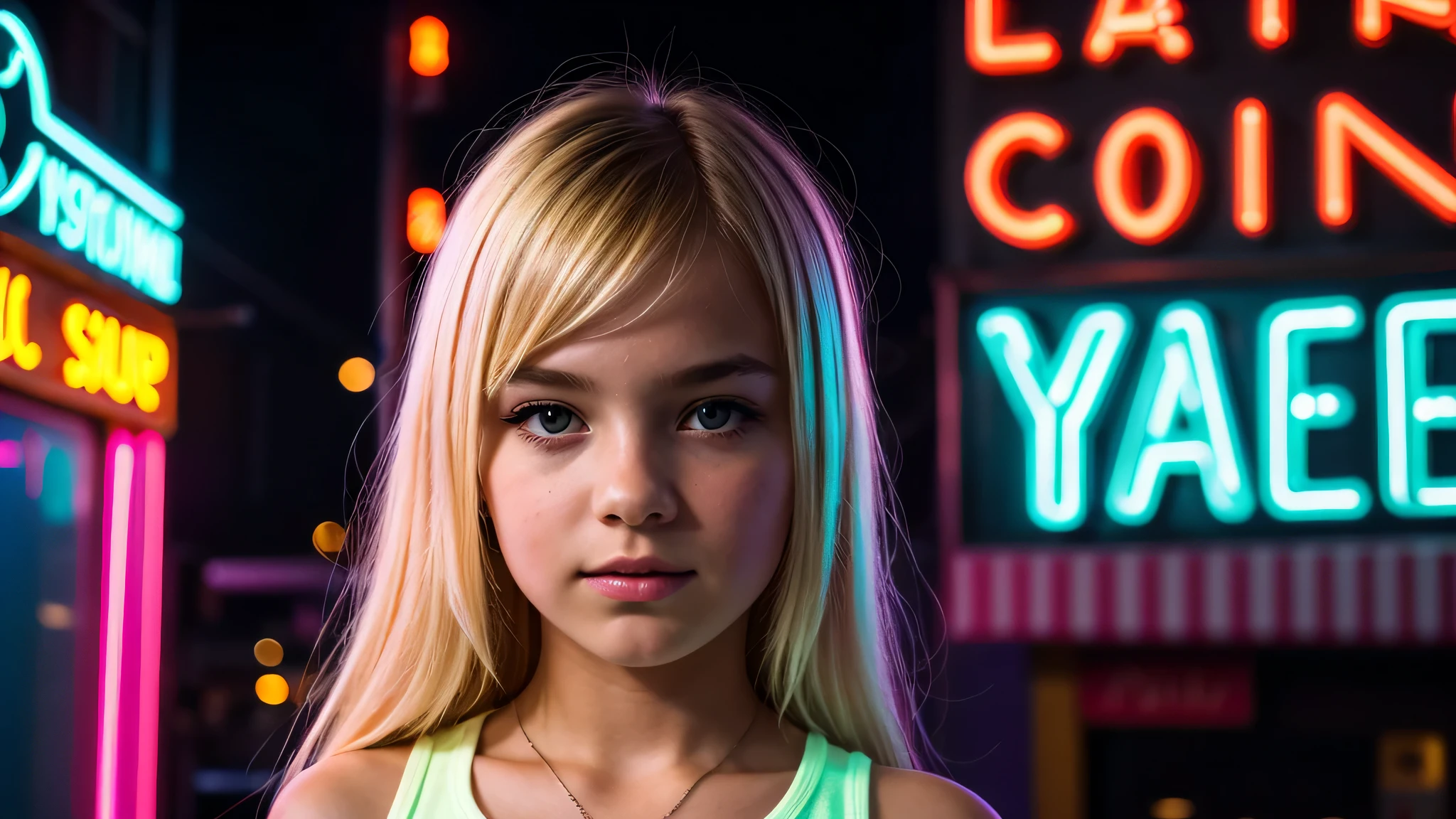 there is a young blonde girl portrait standing in front of a neon sign , with neon signs, with neon lights, neon signs in background, neon lights in the background, with neon lighting,