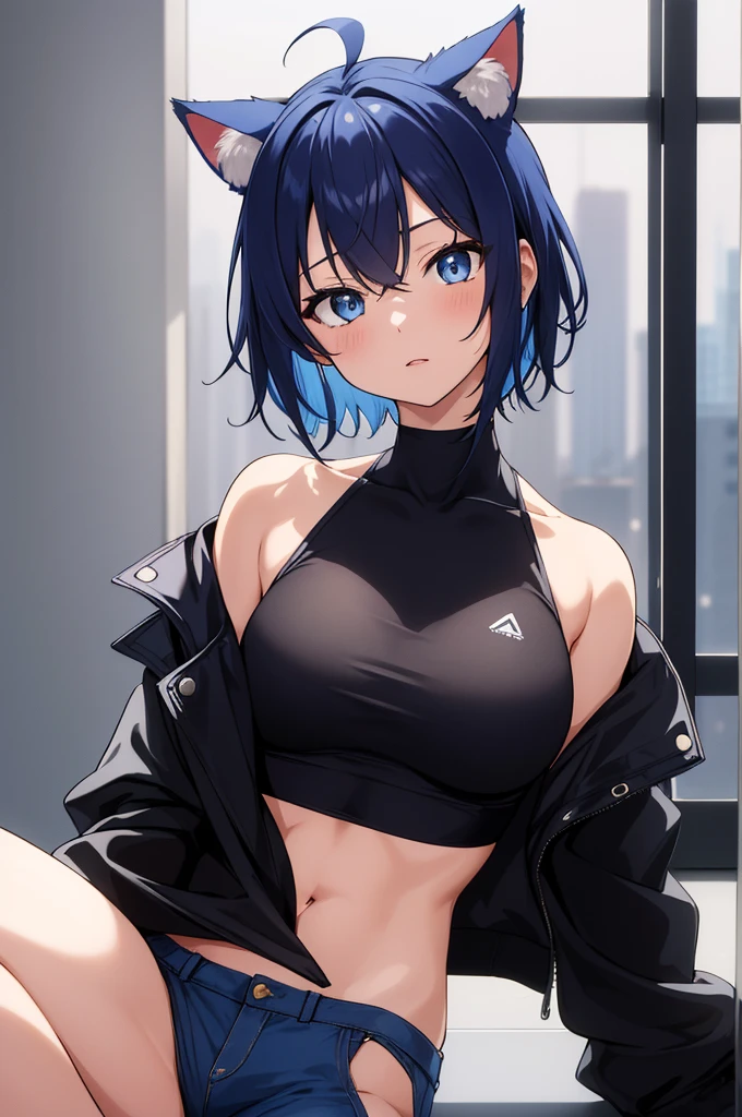 masterpiece:1.2, high quality, best quality, detailed_background,indoors,highres,neko (solution1988),black jacket,upper body,open clothes,absurdres,blue eyes,open jacket,gradient background,looking at viewer,sports bra,1girl,short hair,bare shoulders,solo,animal ears,blue hair,jacket,crop top,off shoulder,head tilt,cat ears