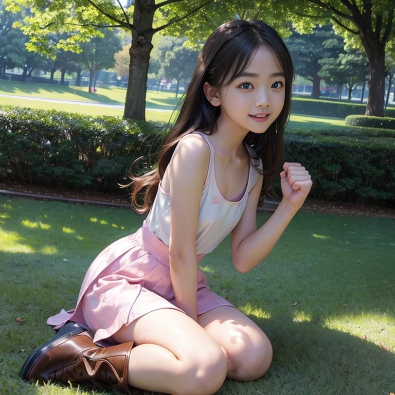 ((solo))、((、kawaii faces，small and flat chest))、((side shot))，((delicate body)),((Sit on the lawn)),((Clench your hands into a fist))、 (()), beautiful girl, Freckles on her face, light green eyes, big earrings, pink tank top, Cream Flare Mini Skirt,(( heel boots)), ((whole body)),  very bright skin , very long hair, wavy hair , brown hair,Japanese、 in the park in the evening, realistic, indirect lighting, volumetric light, ray tracing, super detailed, highest quality, ultra high resolution, nffsw, 8K masterpiece, highest quality, ((8 year old girl)),((Big eyes))、Pose with movement，soft rays of light、RAW photo, absurd, ((笑faceの目で、smile)), ((open your mouth)),(( face：1.9))、((whole bodyエスビアン,))、((若いface))，