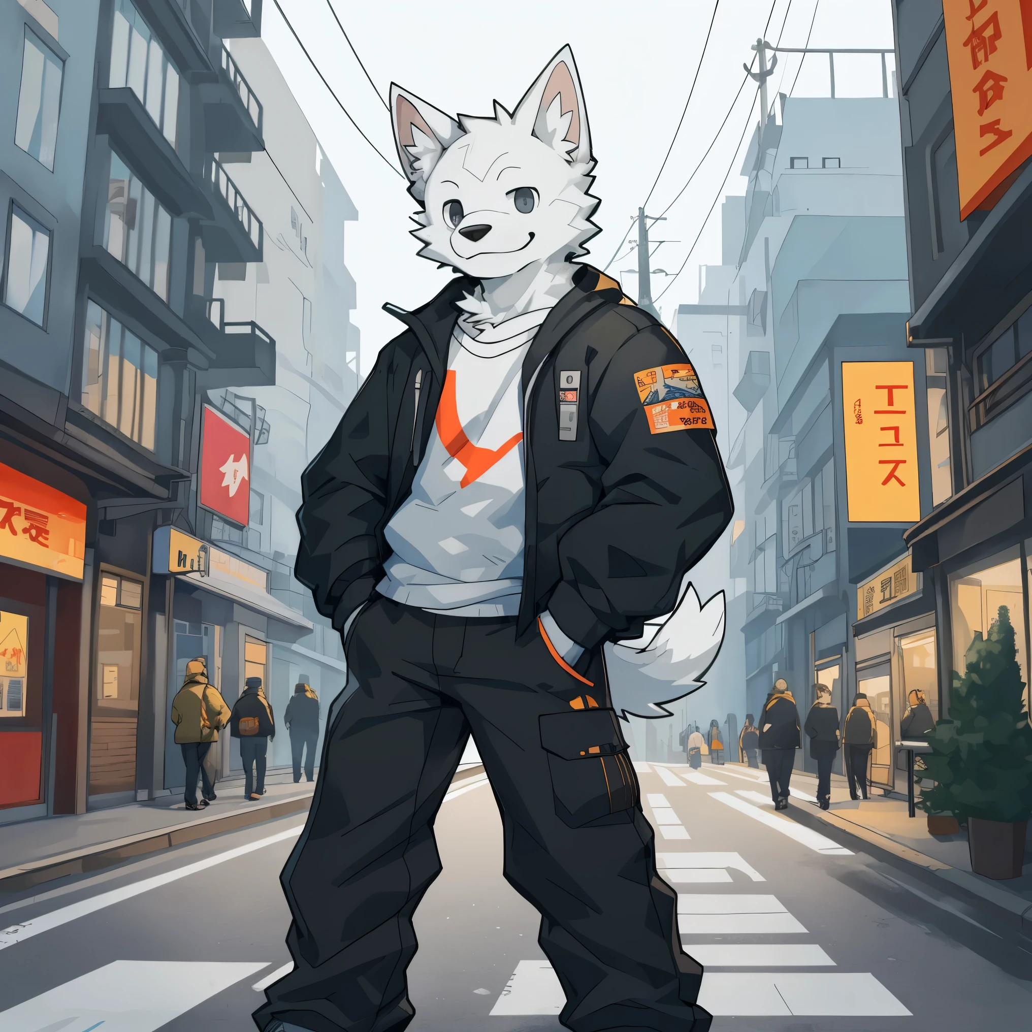top quality,best quality,Rozmin trip,vector art,High-quality illustrations,masterpiece)(Common,furry human),round,broken to pieces,street,(boy silver white humanoid dog:1.2), smiling warmly,Flashing friendly peace signs,Super detailed illustrations,the only person,dark night,黑暗的street,strong,hands in pockets,站立street