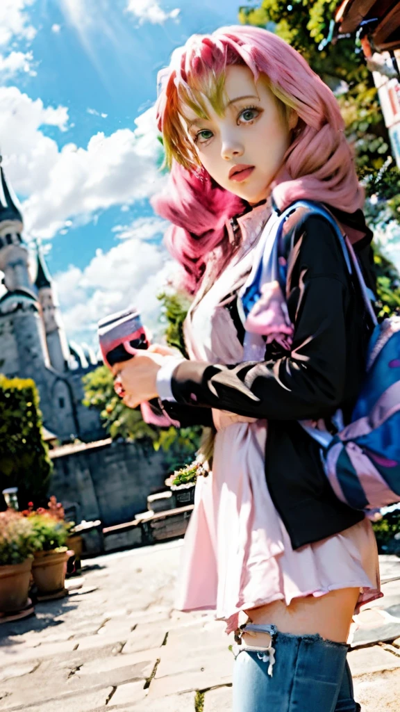 anime girl with pink hair and a pink backpack in front of a castle, cushart krenz key art feminine, anime visual of a cute girl, detailed key anime art, detailed anime character art, official art, anime fantasy illustration, key anime art, decora inspired illustrations, marin kitagawa fanart, anime wallaper, lolish, beautiful anime art style