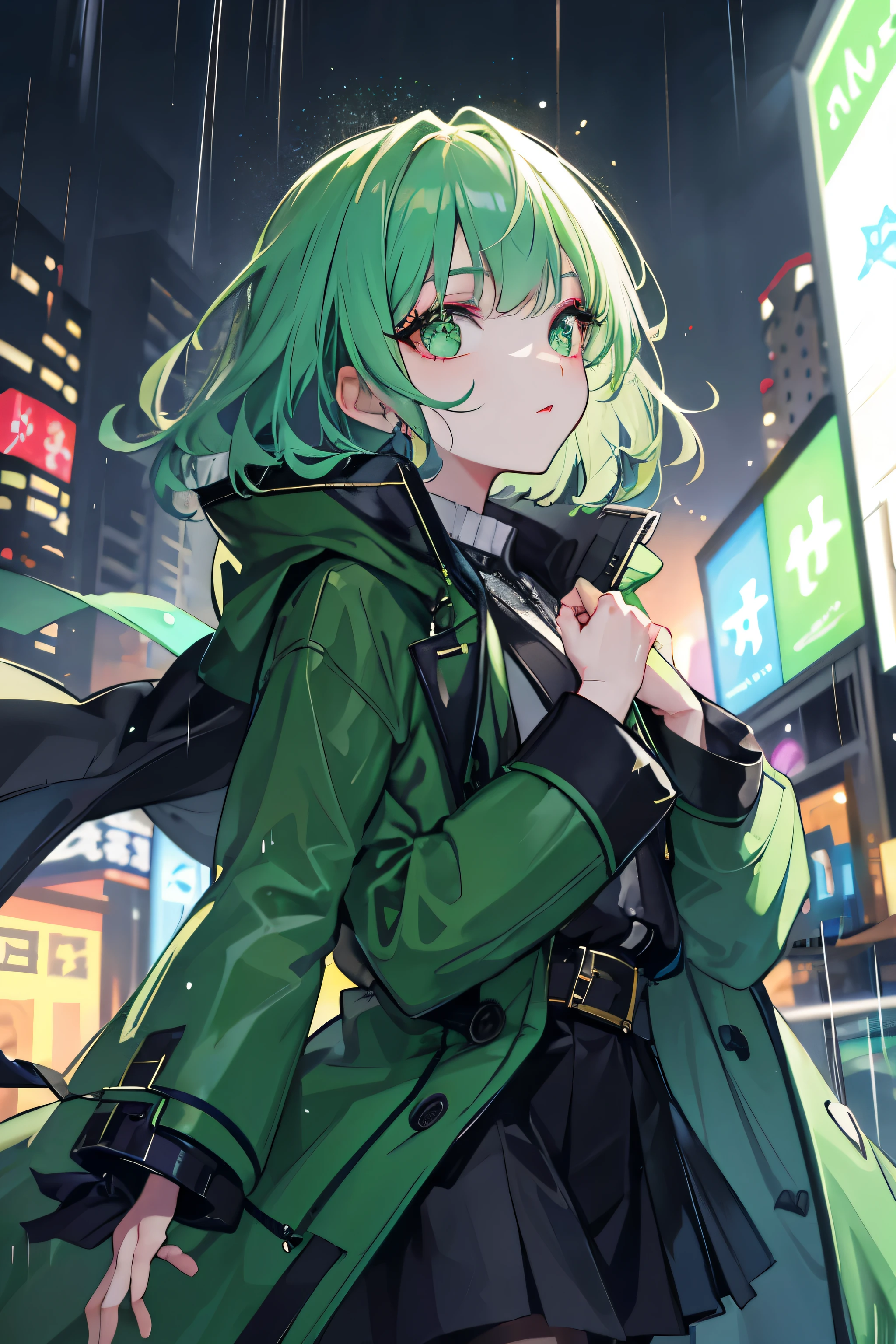 1girl, with vibrant makeup, in a night city covered in heavy rain, wearing an elegant green coat, looking up with a confident expression.