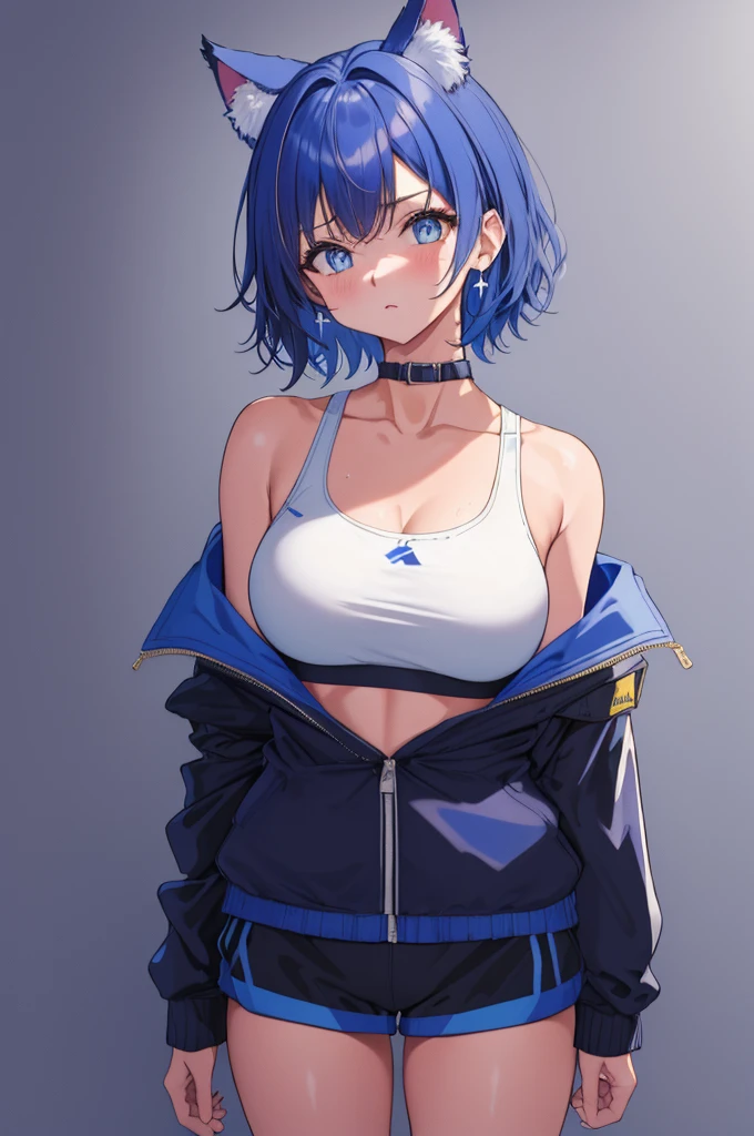 masterpiece:1.2, high quality, best quality, detailed_background,indoors,highres,neko (solution1988),black jacket,upper body,open clothes,absurdres,blue eyes,open jacket,gradient background,looking at viewer,sports bra,1girl,short hair,bare shoulders,solo,animal ears,blue hair,jacket,crop top,off shoulder,head tilt,cat ears