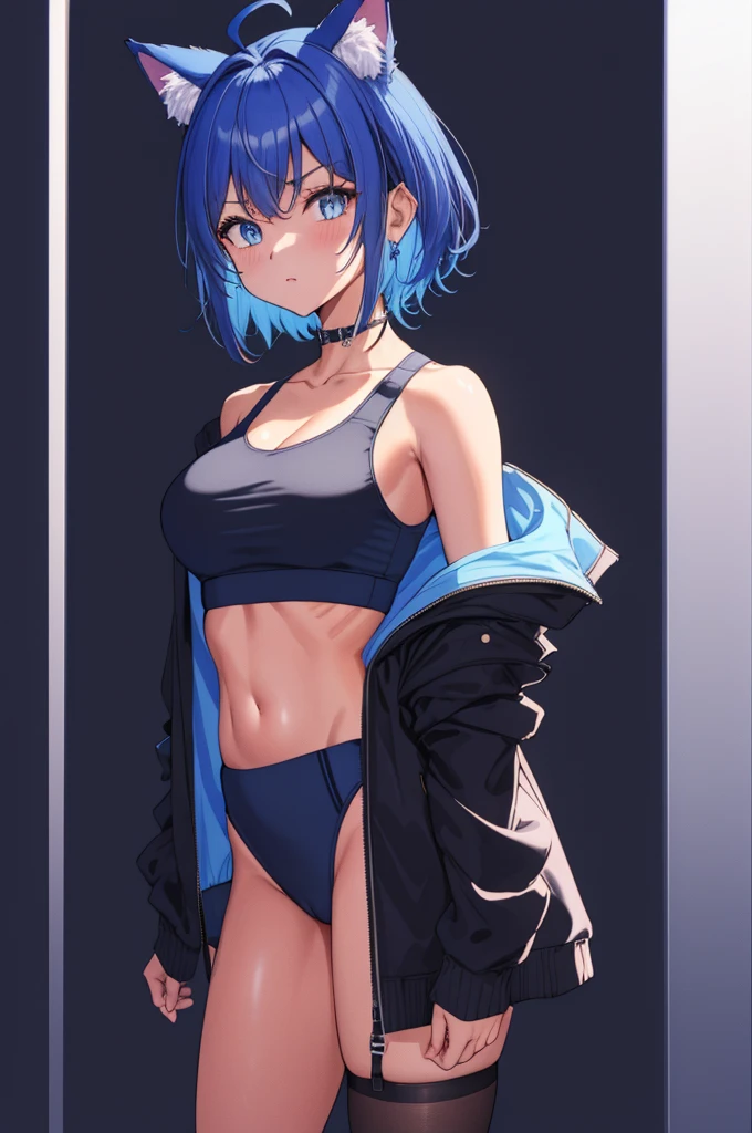 masterpiece:1.2, high quality, best quality, detailed_background,indoors,highres,neko (solution1988),black jacket,upper body,open clothes,absurdres,blue eyes,open jacket,gradient background,looking at viewer,sports bra,1girl,short hair,bare shoulders,solo,animal ears,blue hair,jacket,crop top,off shoulder,head tilt,cat ears