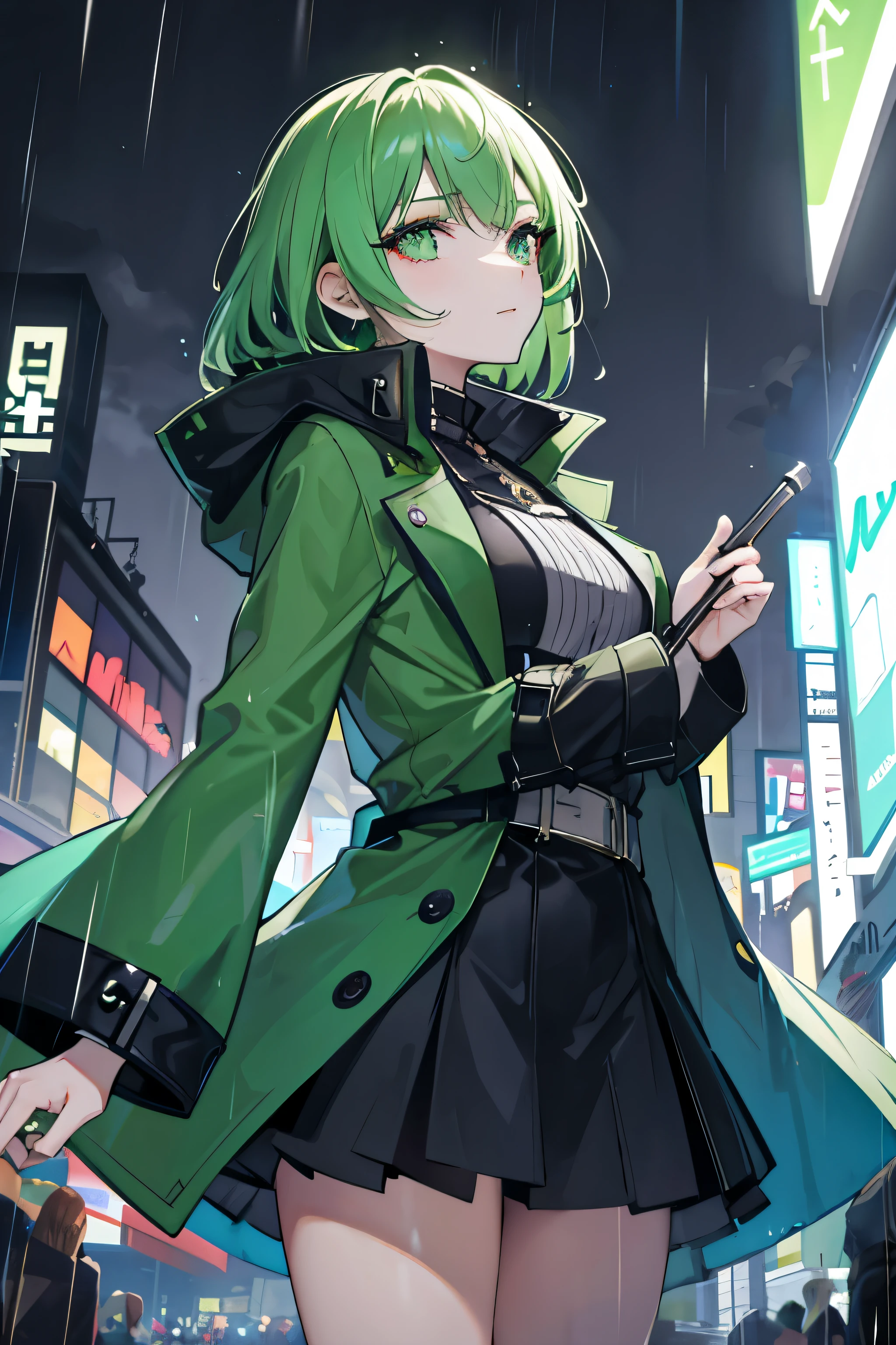 1girl, with vibrant makeup, in a night city covered in heavy rain, wearing an elegant green coat, looking up with a confident expression.