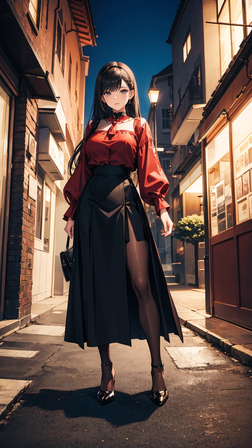 ((masterpiece, high resolution, best quality, best details, anime)), a woman standing on the street, dressed in a long skirt, leather jacket, red blouse and pumps high heels, (((long loose black skirt))), leather jacket black, pumps platform high heels, ((pantyhose)), long straight hair, light brown hair, silver eyes, street landscape, (((ankle length skirt))), fabric skirt, fabric blouse, ((full skirt without openings)), curvy body,