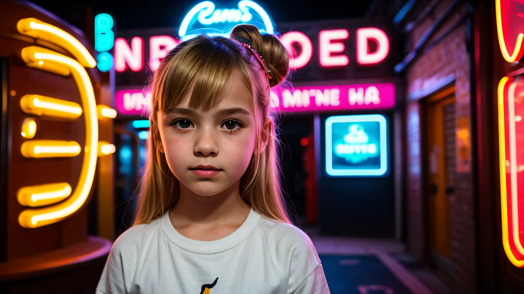there is a young blonde girl har bun portrait standing in front of a neon sign , with neon signs, with neon lights, neon signs in background, neon lights in the background, with neon lighting,