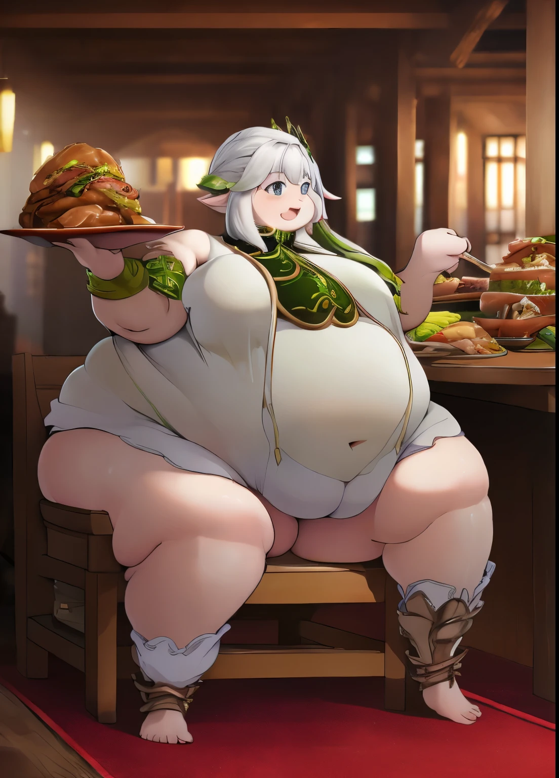 (masterpiece, highest quality, super detailed) Detailed hands, Detailed Face, detailed feet, Detailed Eyes, young girl, thick thighs,Girl with thick fat chunky physique、Completely color-coded beauty、countryside, Medieval, inn, indoors,meal .4、modest, table, Chair, Red Carpet、Dinner Plate,smile、see food、open your mouth