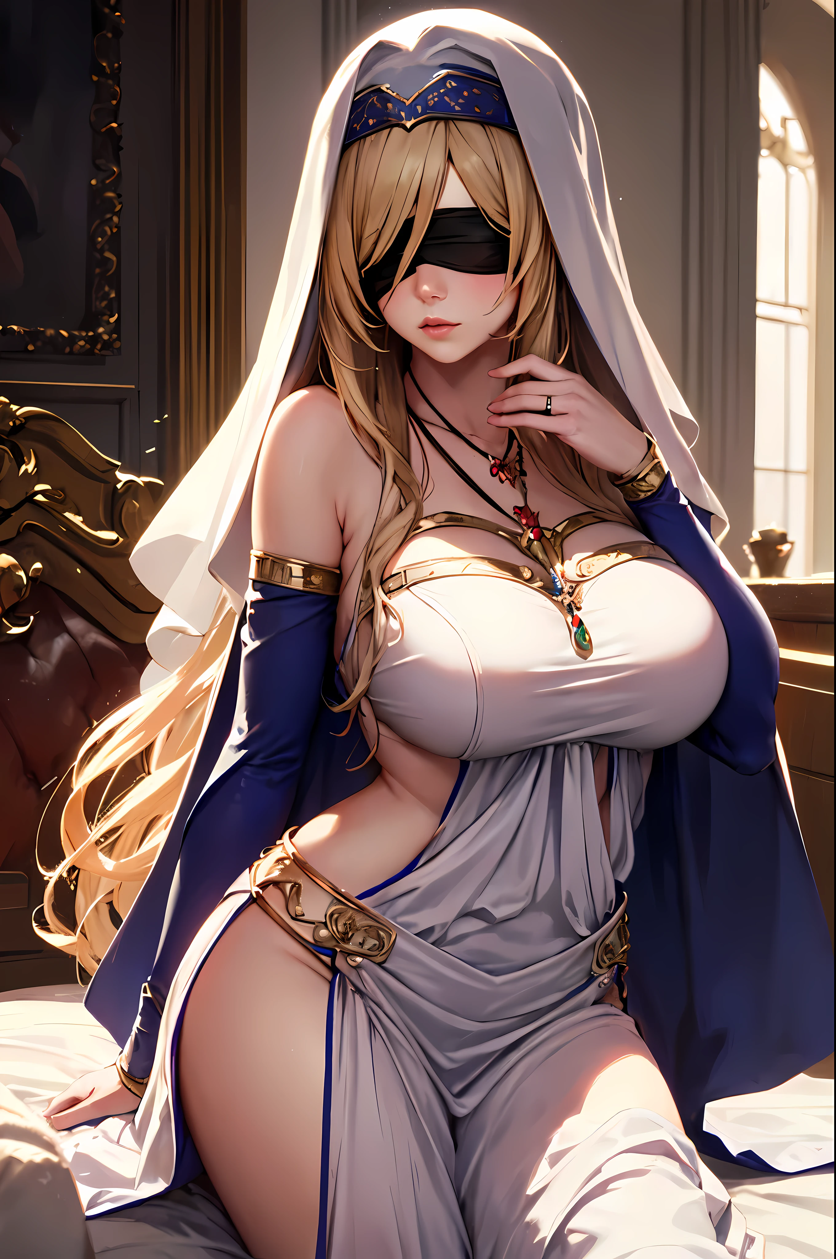 sword_miss,sword miss, long hair, blonde hair, blindfold, (black blindfold:1.2), dress, necklace, white dress, habit, long hair, big bust, dress, white dress, bijouterie, very long hair, Bridal Gauntlet, separated sleeves, Gloves, best quality, looking at viewer, sharp focus, (8 thousand), (4K), (masterpiece), (best quality), (realistic skin texture), very detailed, very detailed, , illustration, soft lighting, , high resolution, sharp details, blush, inside, queen's bedroom, ,on bed , afternoon, a royal bedroom, bed