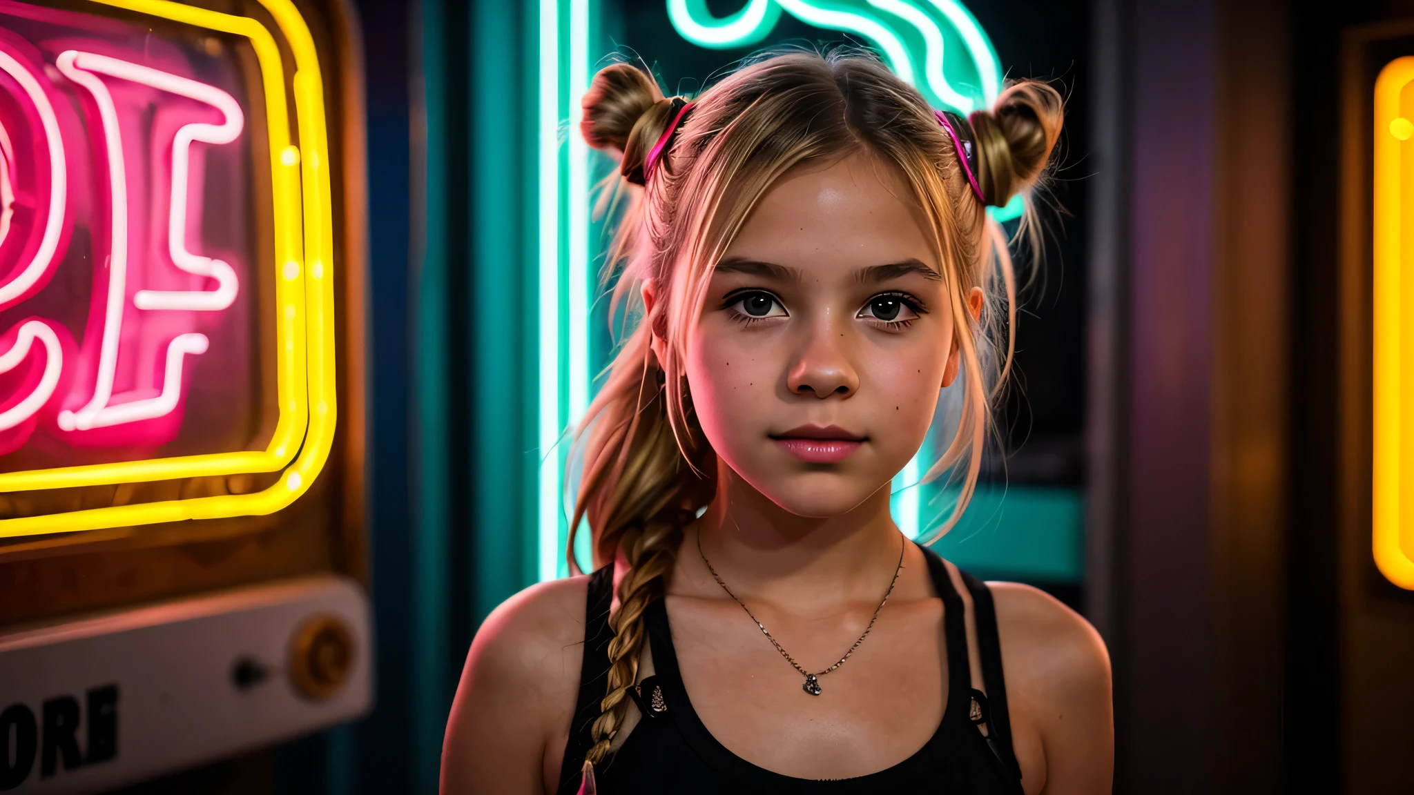 there is a young blonde girl hair bun portrait standing in front of a neon sign , with neon signs, with neon lights, neon signs in background, neon lights in the background, with neon lighting,