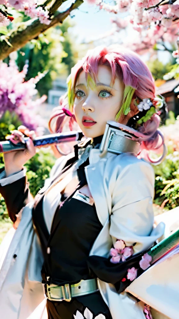 anime girl with pink hair and green eyes in a field of flowers, haruno sakura, demon slayer rui fanart, sakura haruno in slug sage mode, kimetsu no yaiba, the non-binary deity of spring, today's featured anime still, sakura haruno, official art, illustrious makinami, demon slayer artstyle, sakura kinomoto