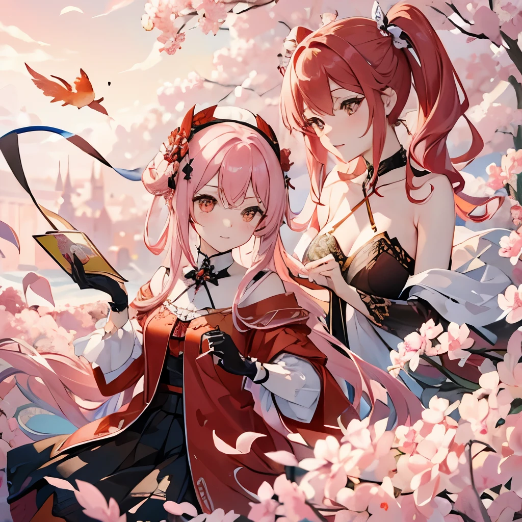 An ink painting: A beautiful woman in red garment, a rosy goldfish looms in the pink and white clouds.