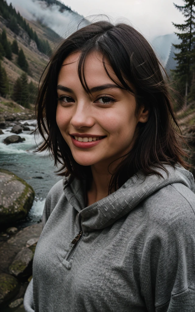 photograph, photo of beautiful woman, selfie, upper body, solo, wearing pullover, outdoors, (night), mountains, real life nature, stars, moon, cheerful, happy, gloves, sweater, beanie, forest, rocks, river, wood, smoke, fog, looking at viewer, skin texture, photo grain, close up, RAW photo,nud, 4K sexy nude che si copre il seno, seno grande, NUDA
