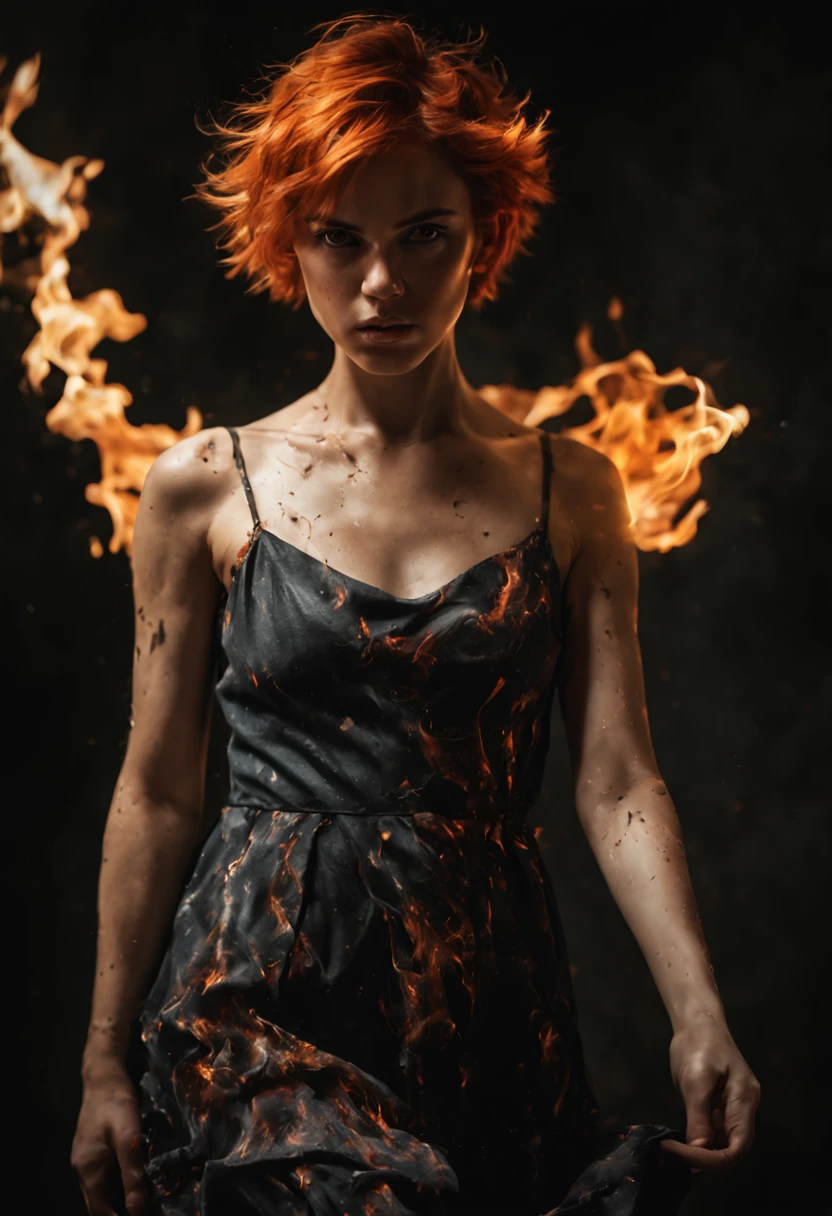 create an image of an angry girl, messy short hair, ((flame on left hand:1.4)), messy dress, slim body, dark background, scary, fine detail, 8k, masterpiece, glow, god rays, ethereal, dreamy, heavenly, otherworldly, dream-like, breathtaking, captivating, divine