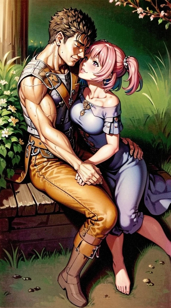 (ultra-detailed, highres, 1.37), (HDR, vivid colors), couple in love, riamu and guts, a beautiful sunny day in the park, husband and wife enjoying a romantic picnic under a shady tree. The couple's affectionate gestures and loving smiles create a heartwarming atmosphere. The sunlight softly illuminates their faces, highlighting their beautiful eyes and joyful expressions. The composition captures a tender moment as the husband leans in to plant a gentle kiss on his wife's cheek. The scene is filled with happiness and love, with colorful flowers in full bloom and a gentle breeze rustling the leaves. The vibrant colors and realistic details bring the image to life, creating a stunning masterpiece that perfectly captures the essence of a blissful couple's love and affection.,(best quality,4k,8k,highres,masterpiece:1.2),ultra-detailed,(realistic,photorealistic,photo-realistic:1.37),traditional oil painting,romantic evening scene,soft lighting,vivid colors,expressive brushstrokes,late summer sunset,whispering sweet nothings,gentle breeze,dreamlike atmosphere,glowing warmth,subtle smiles,loving gazes,delicate touch,fingers intertwined,heartfelt connection,embrace that speaks volumes,endless love,unbreakable bond,pure happiness,eternal love,deep affection,contentment in each other's arms,goosebumps of joy,cheeks filled with blush,a moment frozen in time,celebration of love's beauty, berserk, idolm@ster,standing, medieval clothing, long skirt, (best quality, masterpiece:1.2), ultra-detailed, (, 1.37), portraits, vivid colors, warm tones, sharpteeth open mouth, smile, soft lighting, Renaissance, Neoclassicism, interior architecture, rococo style, Art Deco, high detail, American propaganda poster, Baroque, Contemporary art, Constructivism, Dutch Golden Age painting, Northern Renaissance, Monet, Luminism, Ghibli-like colours, Classicism, Art Nouveau, anime style, Post-Impressionism, Pixar, Verism, pre-rephaëlite painting, Fujicolor, ray tracing, 4k, 8k, highres, best quality,