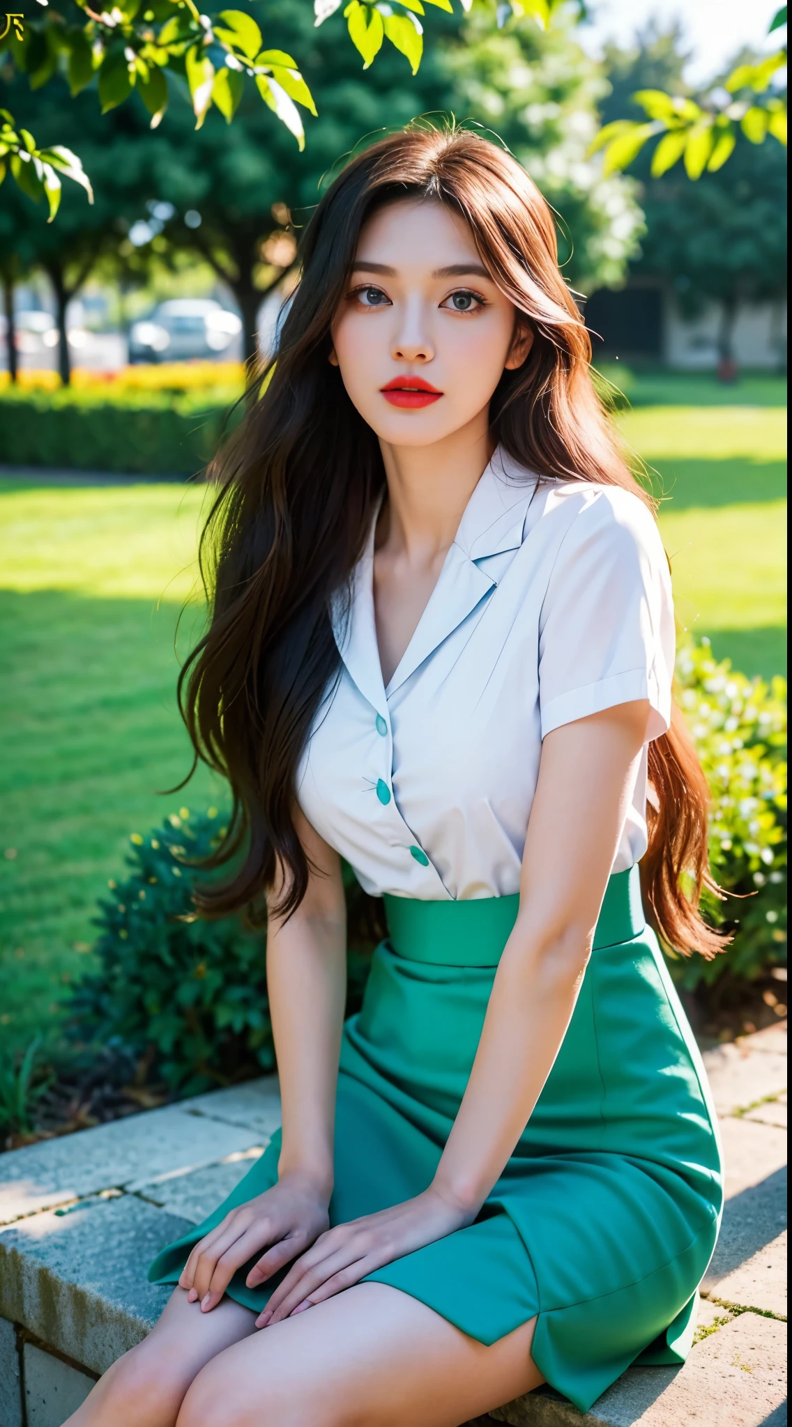 real,Camera to take pictures,masterpiece,best quality,best quality,realistically,perfect anatomy,perfect face,perfect eyes,long eyelashes,big eyes,,red lips,lipstick,business suit,1 girl,solo,(green long hair),shift dress,Blue eyes,Headband,pink skirt,wearing white socks,lie down,flat shoes,红色Headband,garden,grassland,roses