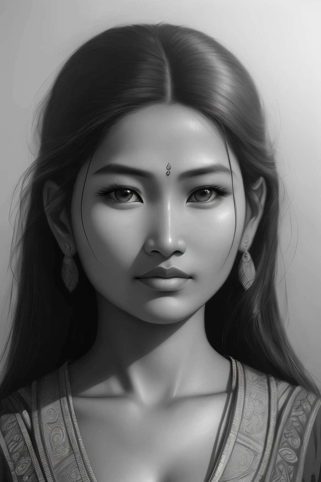 A pencil sketch of a beautiful Nepali woman, intricately detailed face, realistically shaded, moody undertones, hyper-realistic rendering, expressive lines, sensitive portrayal, clean and unique compositions, high definition clarity, 8K resolution.