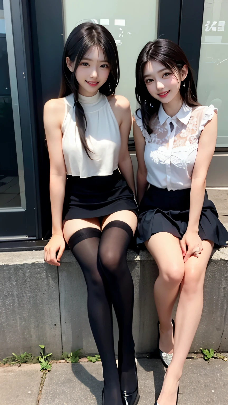 hot pants、Seductive smile、Supermodel、Perfect build、Muchimuchi、Three girls are looking at the viewer、 3 girls、、beautiful feet、smile、Black Sister、short ruffle skirt、