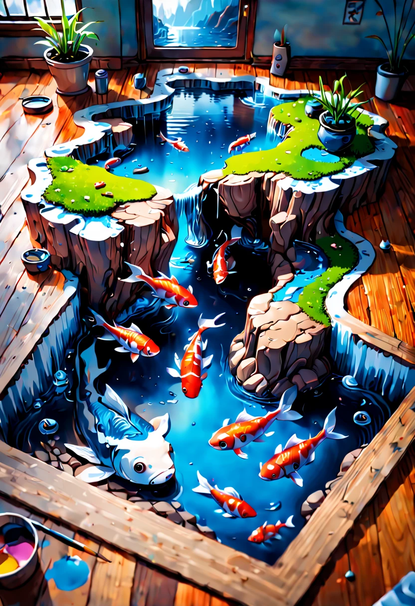 (3D painting:1.5) river with fishes anamorphosis in floor in the room. Cinematic lighting, vivid colors, Miki Asai Macro photography, close-up, hyper detailed, trending on artstation, sharp focus, studio photo, intricate details, highly detailed, by greg rutkowski