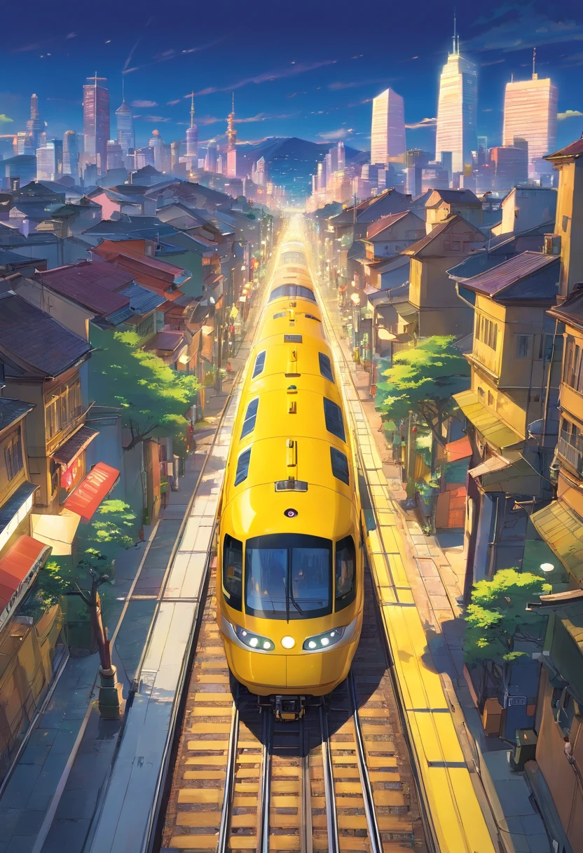 A high-resolution image showcasing a sleek yellow train speeding along the electric railway, with a blurred background of the bustling cityscape, capturing the dynamic and fast-paced nature of urban transportation