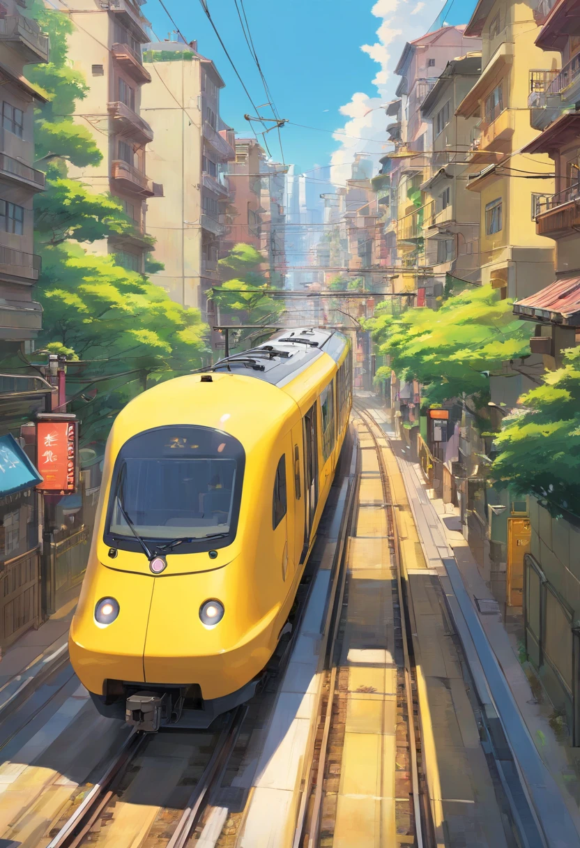 A high-resolution image showcasing a sleek yellow train speeding along the electric railway, with a blurred background of the bustling cityscape, capturing the dynamic and fast-paced nature of urban transportation
