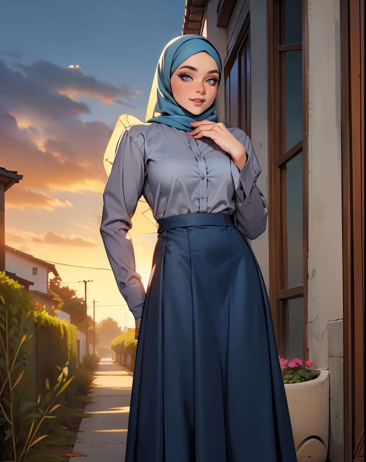 3dmm style, Masterpiece, realistic, best quality, best lighting, beautiful mature Czech woman, 1 girl photo solo, beautifully makeup, eyeshadow, Parted Lips, Detailed Eyes, beautiful big eyes, long eye lashes, dimples on the cheeks, smile, wearing ((Dark blue satin hijab)), loosely tide hijab style, ((gray satin shirt and satin long skirt)), (Half-body portrait), Front view, Symmetric Centre, facing the viewer, walking on trails autumn garden.