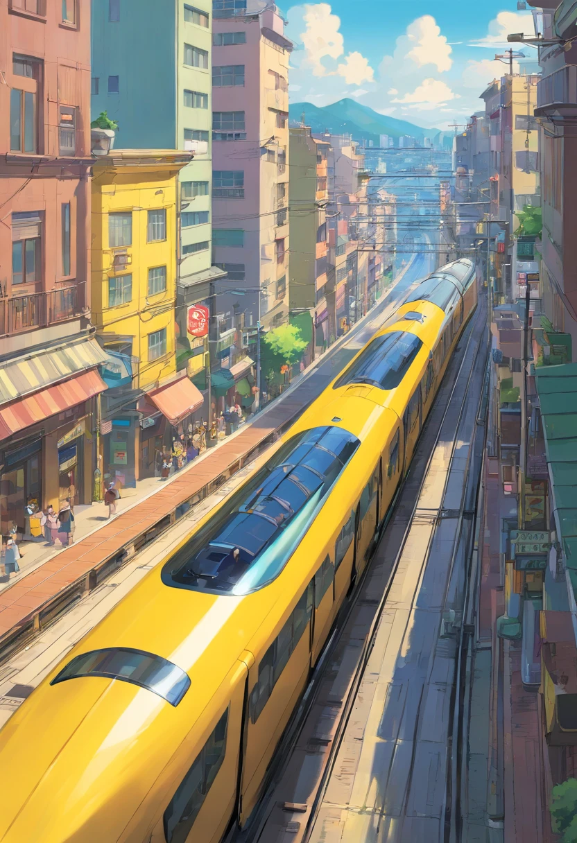 A high-resolution image showcasing a sleek yellow train speeding along the electric railway, with a blurred background of the bustling cityscape, capturing the dynamic and fast-paced nature of urban transportation