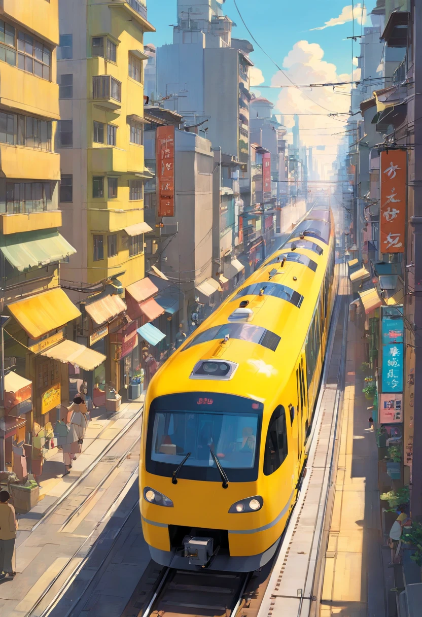 A high-resolution image showcasing a sleek yellow train speeding along the electric railway, with a blurred background of the bustling cityscape, capturing the dynamic and fast-paced nature of urban transportation