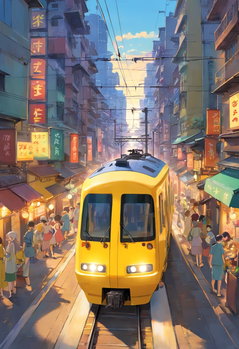 A high-resolution image showcasing a sleek yellow train speeding along the electric railway, with a blurred background of the bustling cityscape, capturing the dynamic and fast-paced nature of urban transportation