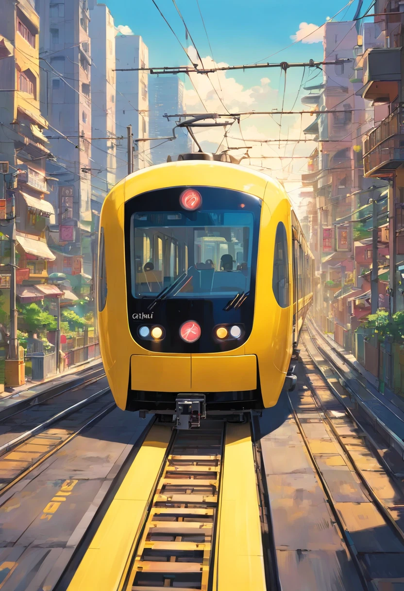 A high-resolution image showcasing a sleek yellow train speeding along the electric railway, with a blurred background of the bustling cityscape, capturing the dynamic and fast-paced nature of urban transportation